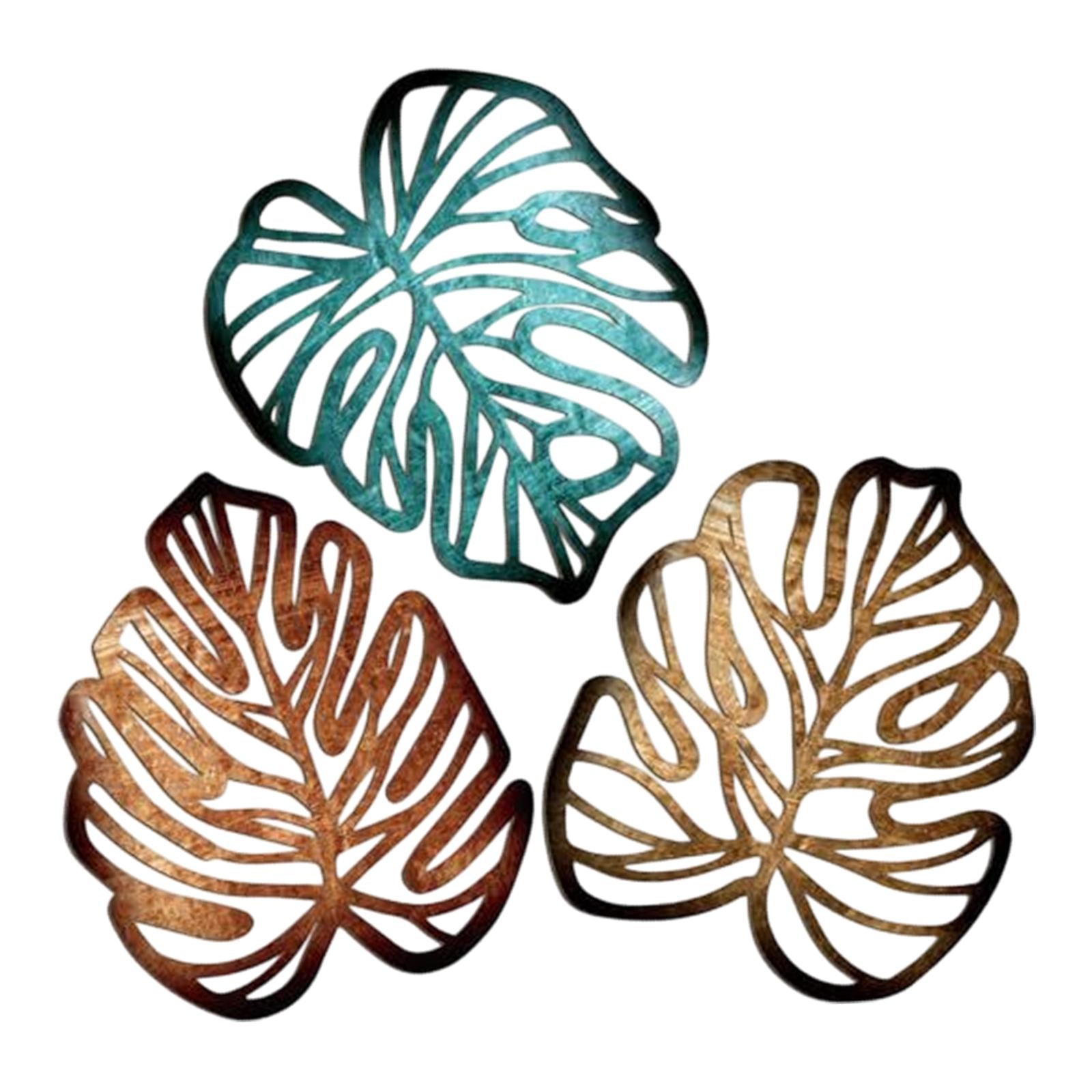 3 Pieces Palm Leaves Wood Wall Decor Artwork for Hallway Balcony Living Room Blue and Brown