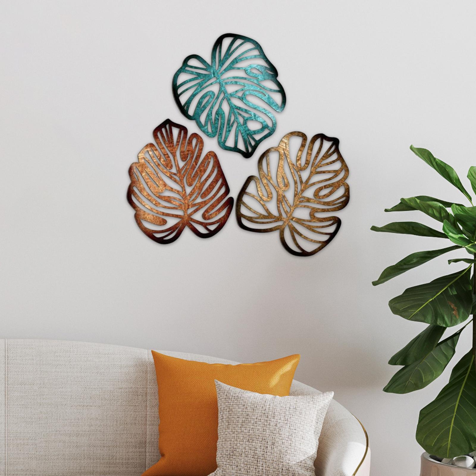 3 Pieces Palm Leaves Wood Wall Decor Artwork for Hallway Balcony Living Room Blue and Brown