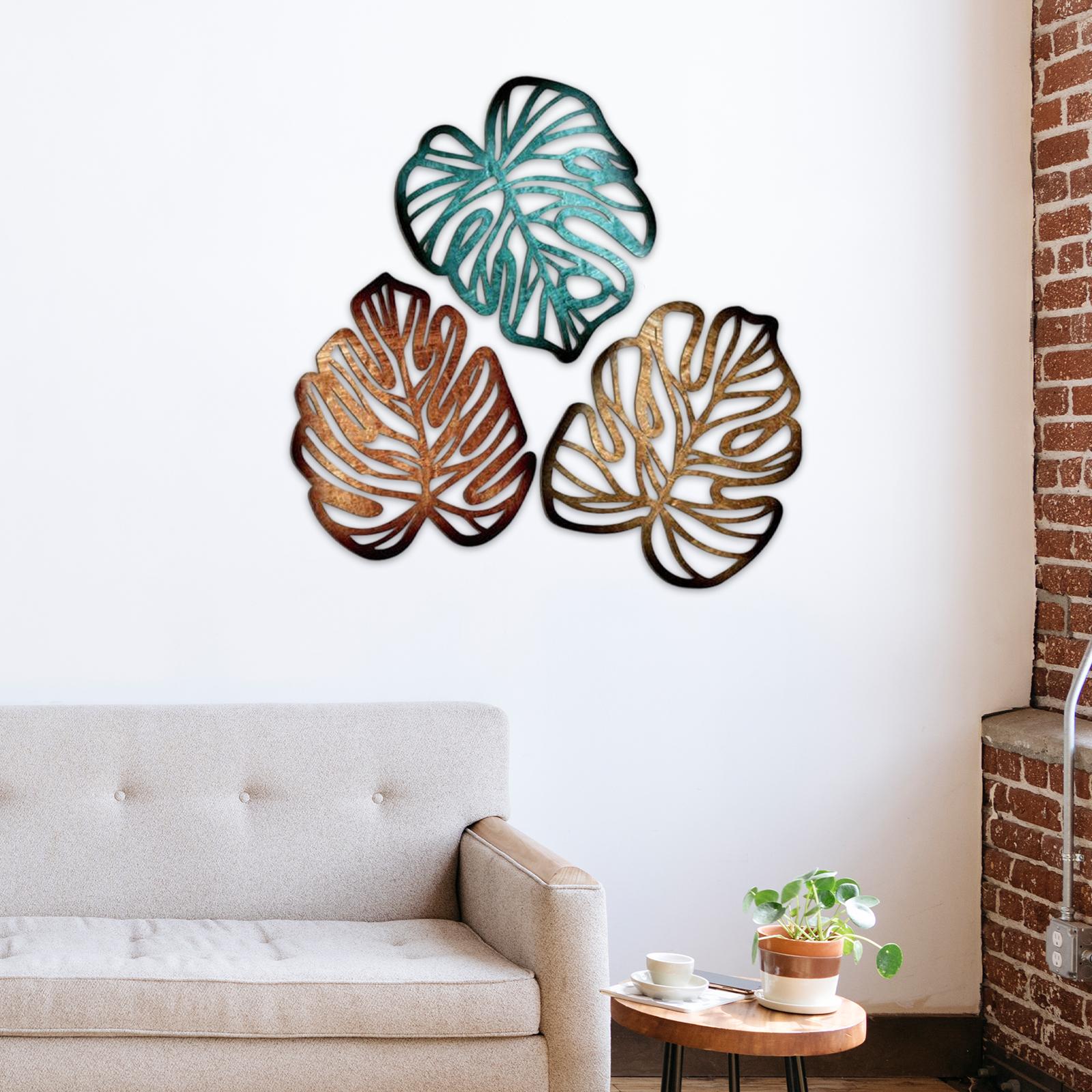 3 Pieces Palm Leaves Wood Wall Decor Artwork for Hallway Balcony Living Room Blue and Brown