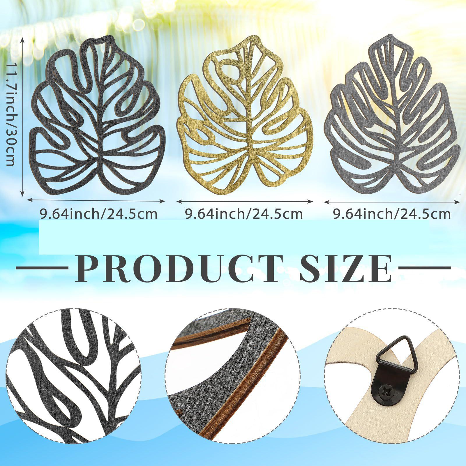 3 Pieces Palm Leaves Wood Wall Decor Artwork for Hallway Balcony Living Room Black
