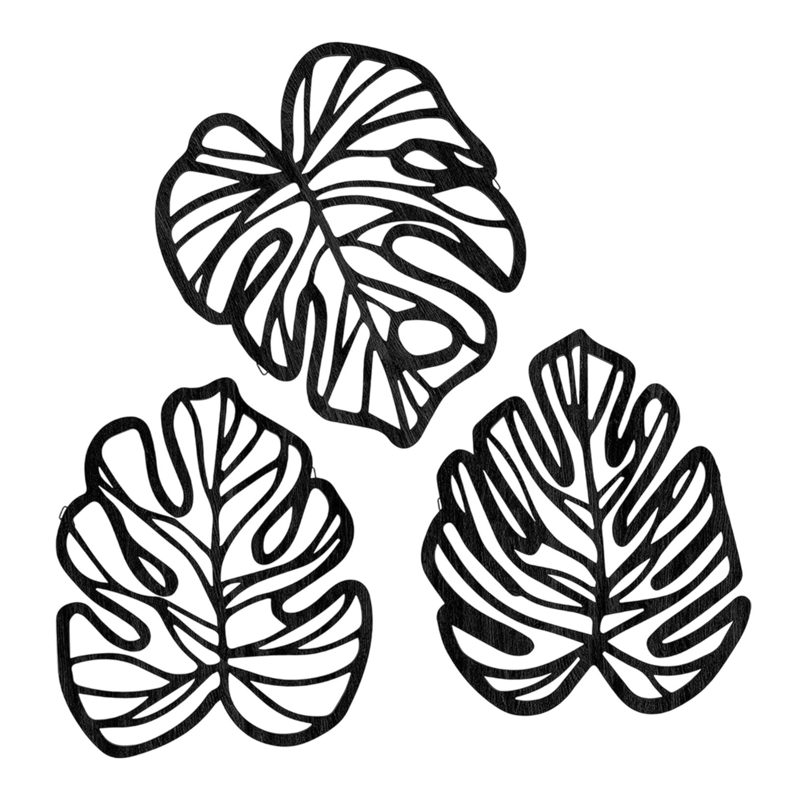 3 Pieces Palm Leaves Wood Wall Decor Artwork for Hallway Balcony Living Room Black