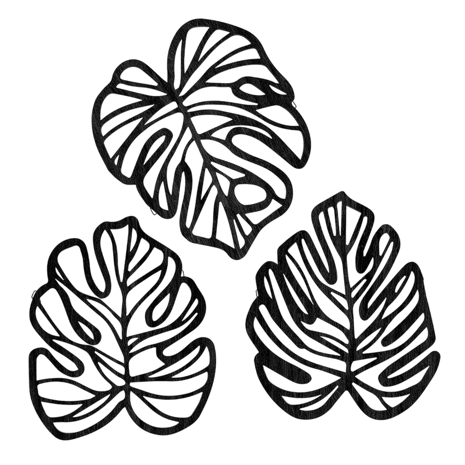 3 Pieces Palm Leaves Wood Wall Decor Artwork for Hallway Balcony Living Room Black