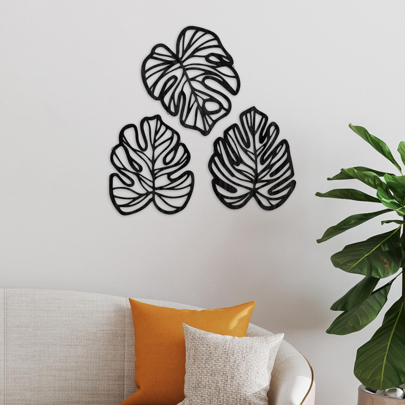 3 Pieces Palm Leaves Wood Wall Decor Artwork for Hallway Balcony Living Room Black