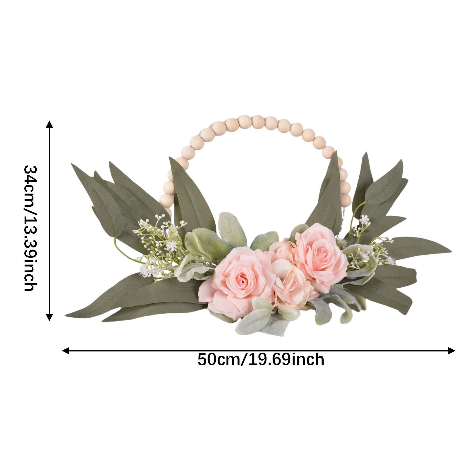Wood Bead Floral Wreath Front Door Floral Hoop for Wedding Farmhouse Holiday Pink