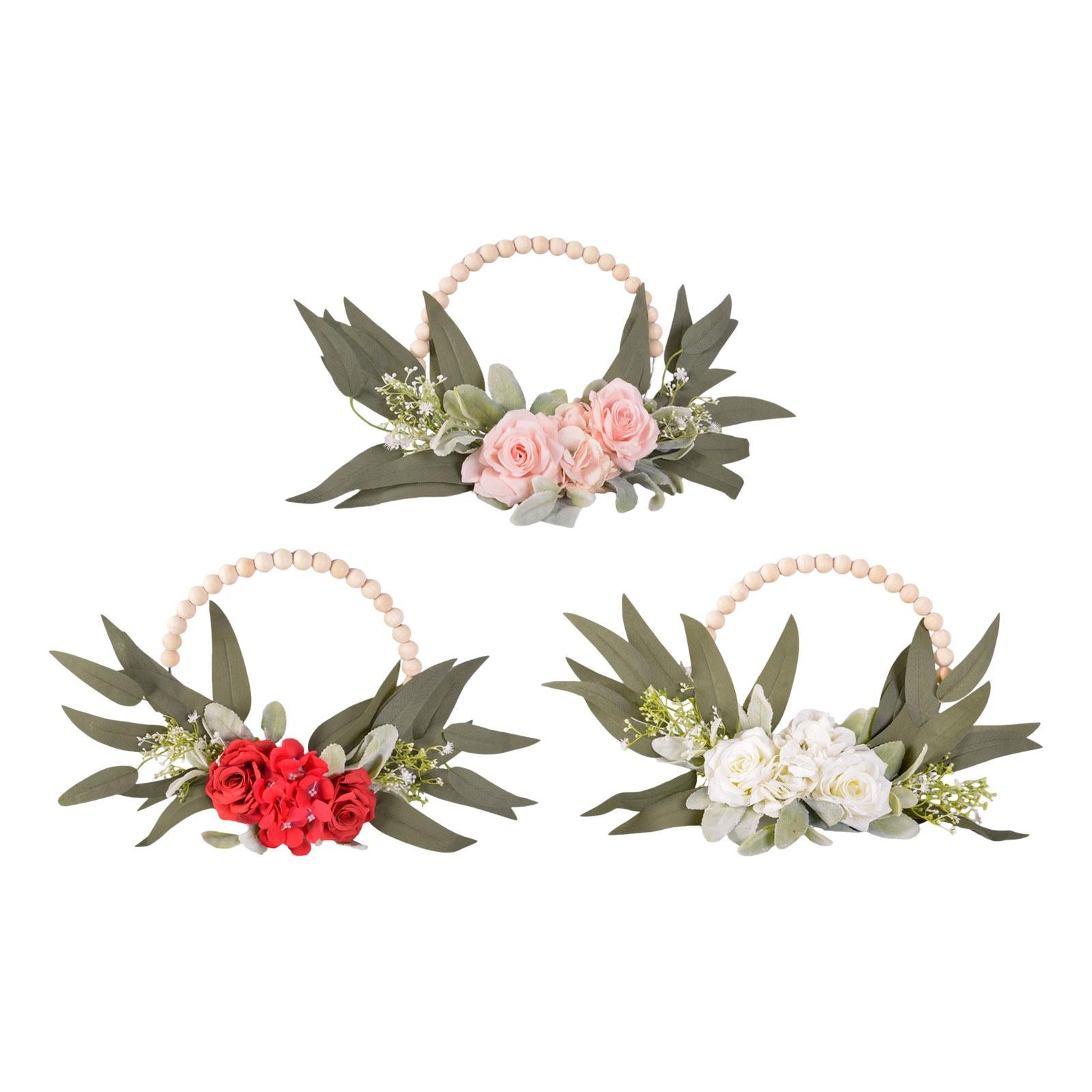 Wood Bead Floral Wreath Front Door Floral Hoop for Wedding Farmhouse Holiday Pink