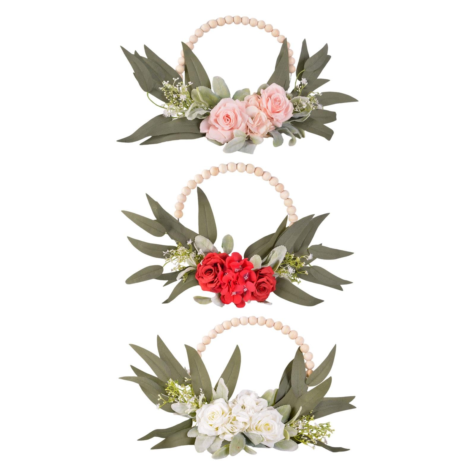Wood Bead Floral Wreath Front Door Floral Hoop for Wedding Farmhouse Holiday Pink