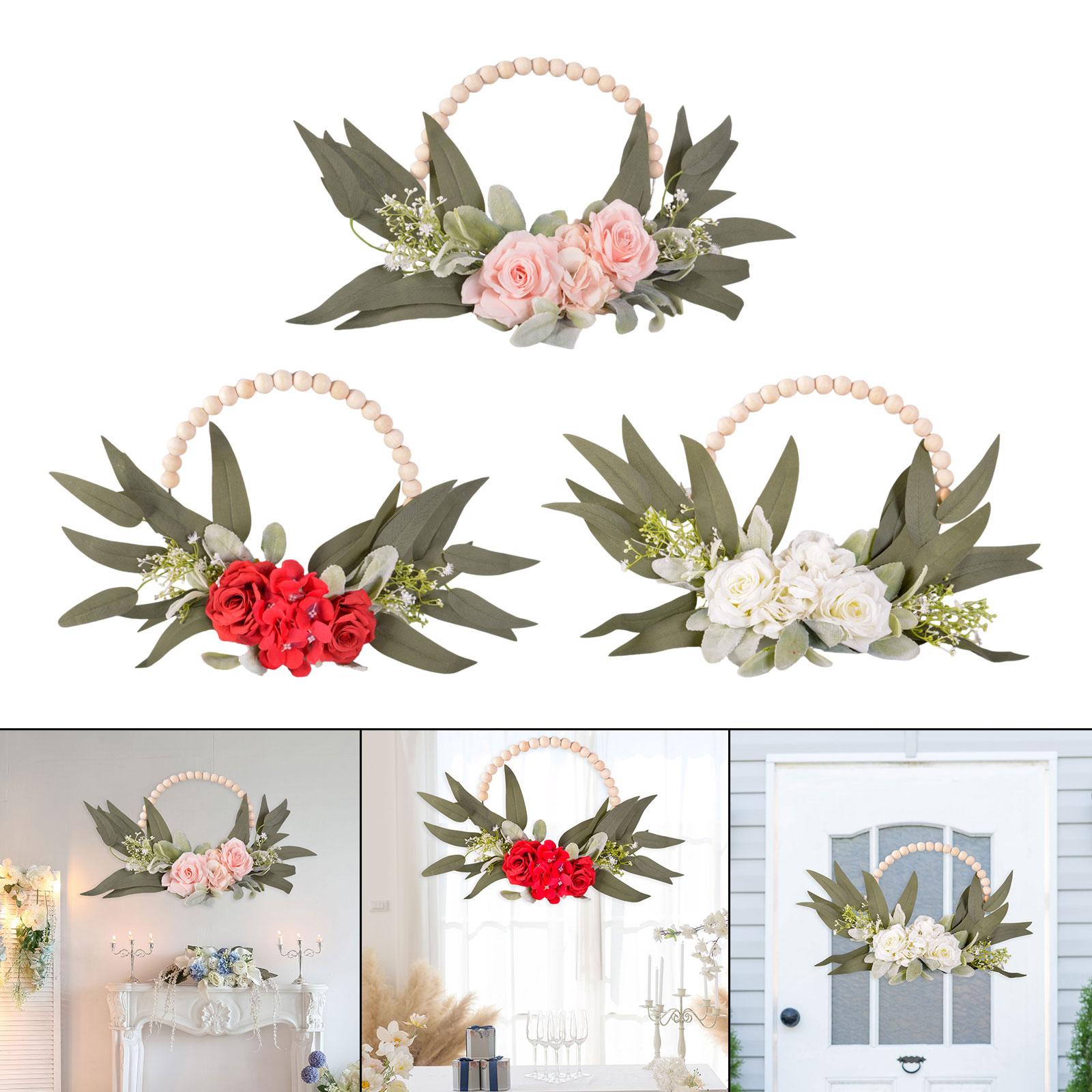 Wood Bead Floral Wreath Front Door Floral Hoop for Wedding Farmhouse Holiday Pink