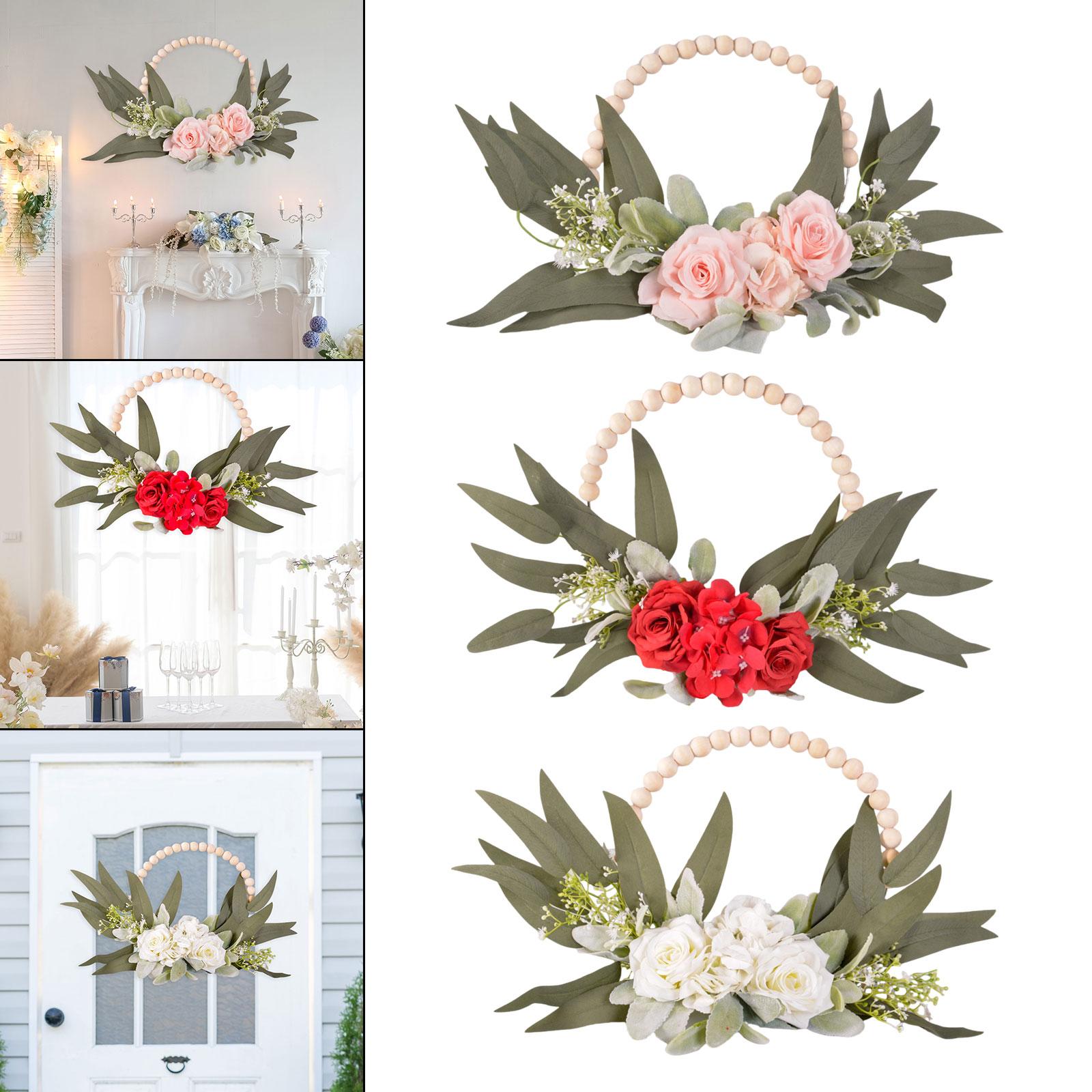 Wood Bead Floral Wreath Front Door Floral Hoop for Wedding Farmhouse Holiday Pink