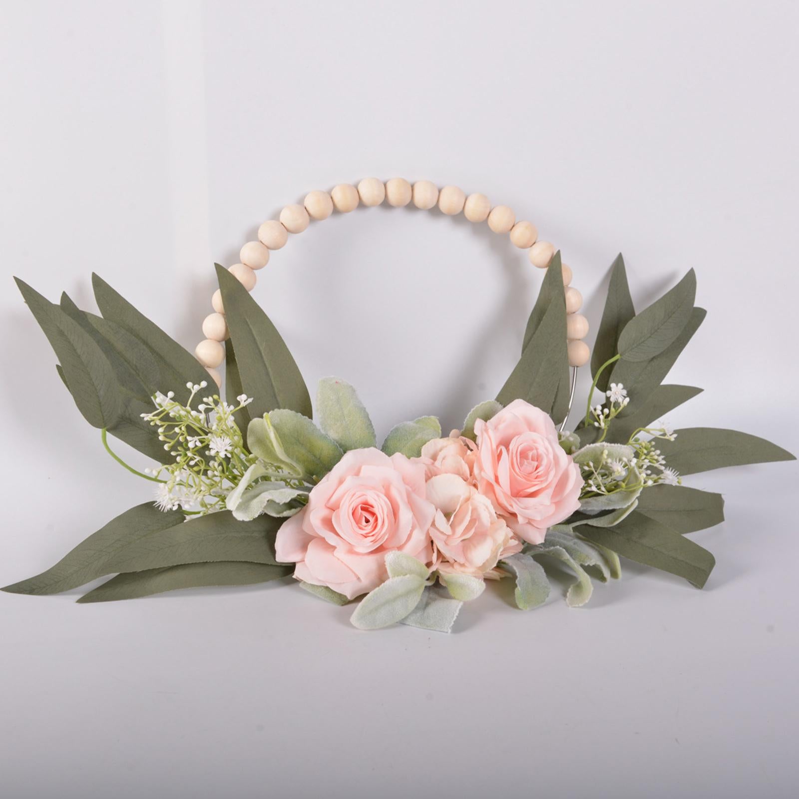 Wood Bead Floral Wreath Front Door Floral Hoop for Wedding Farmhouse Holiday Pink