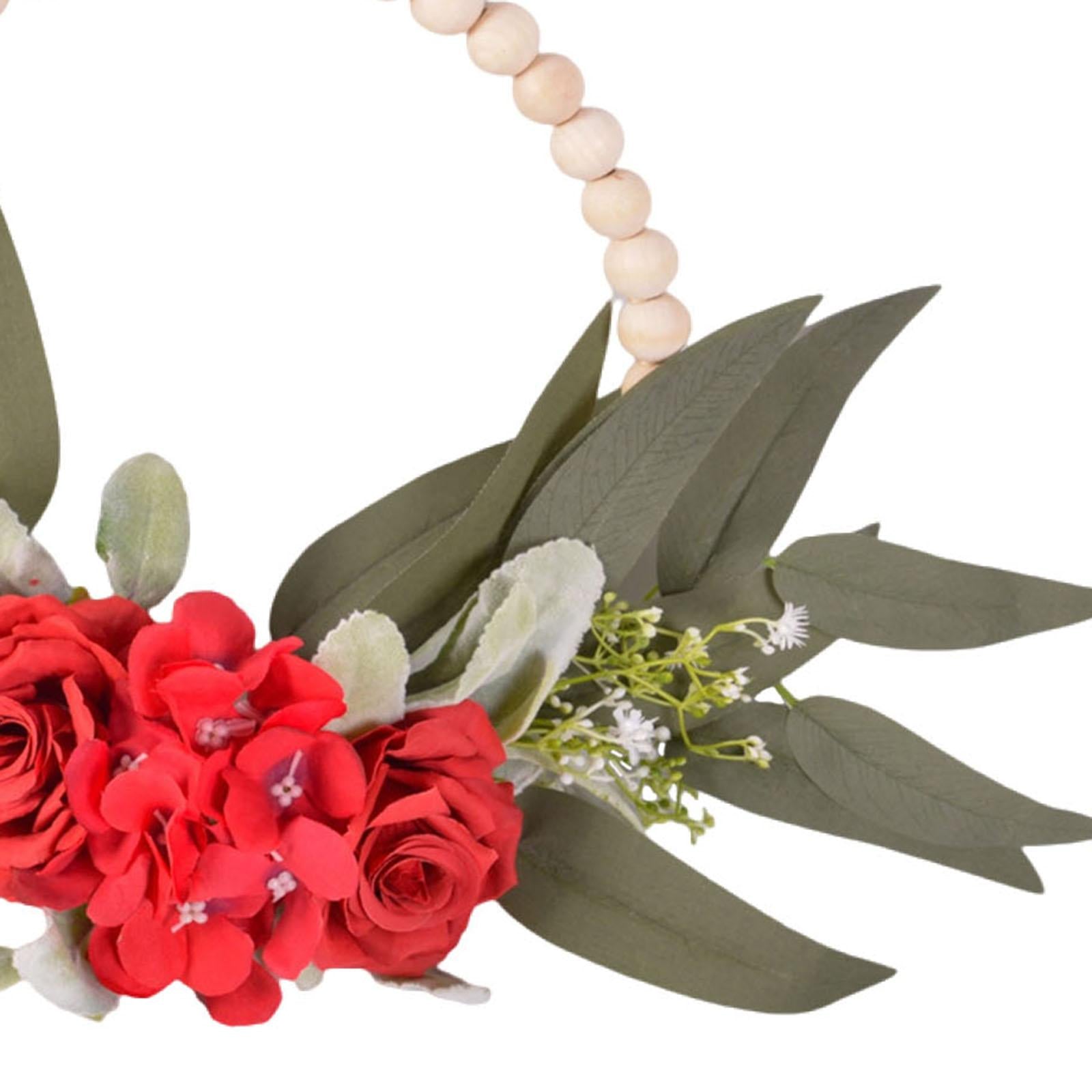 Wood Bead Floral Wreath Front Door Floral Hoop for Wedding Farmhouse Holiday Red