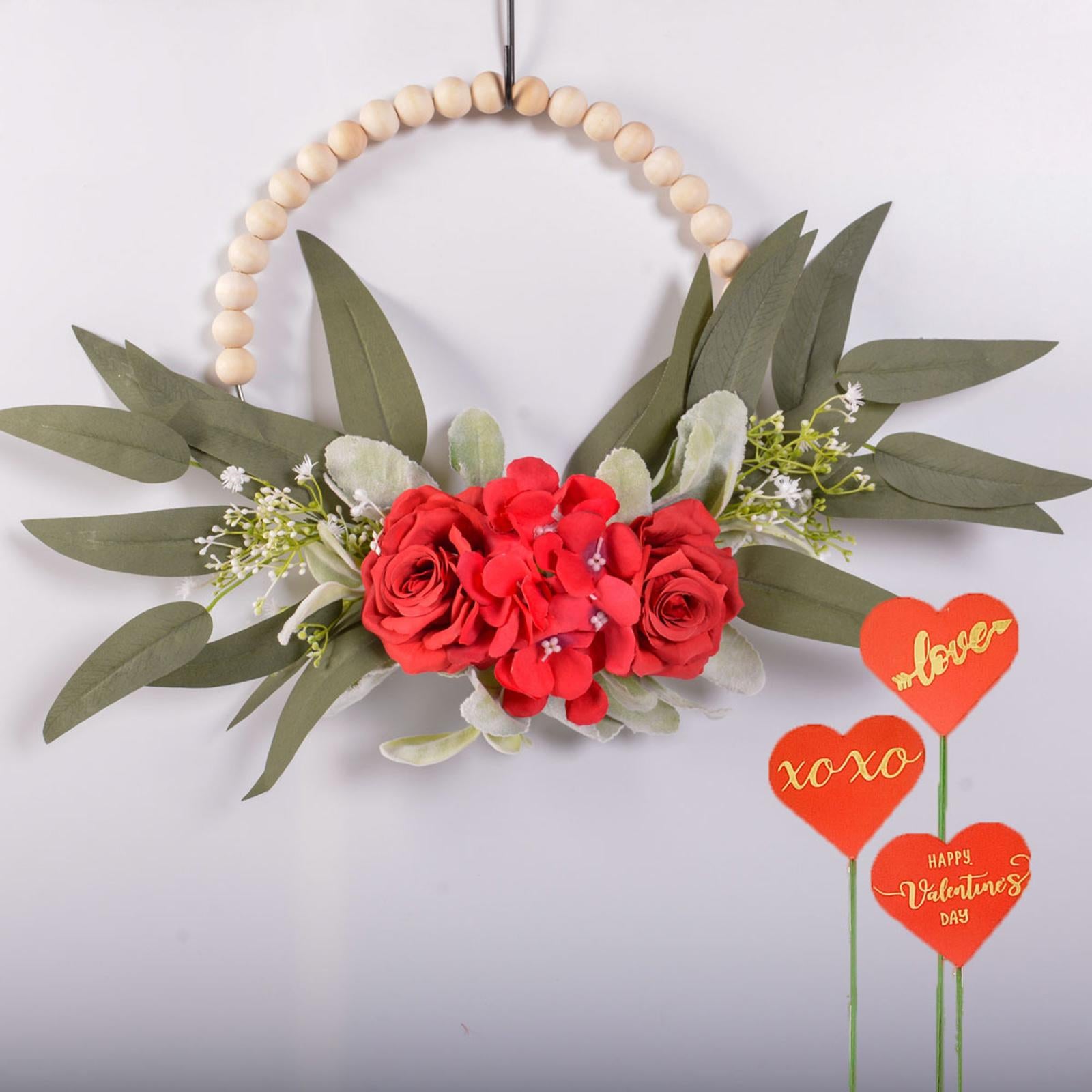 Wood Bead Floral Wreath Front Door Floral Hoop for Wedding Farmhouse Holiday Red