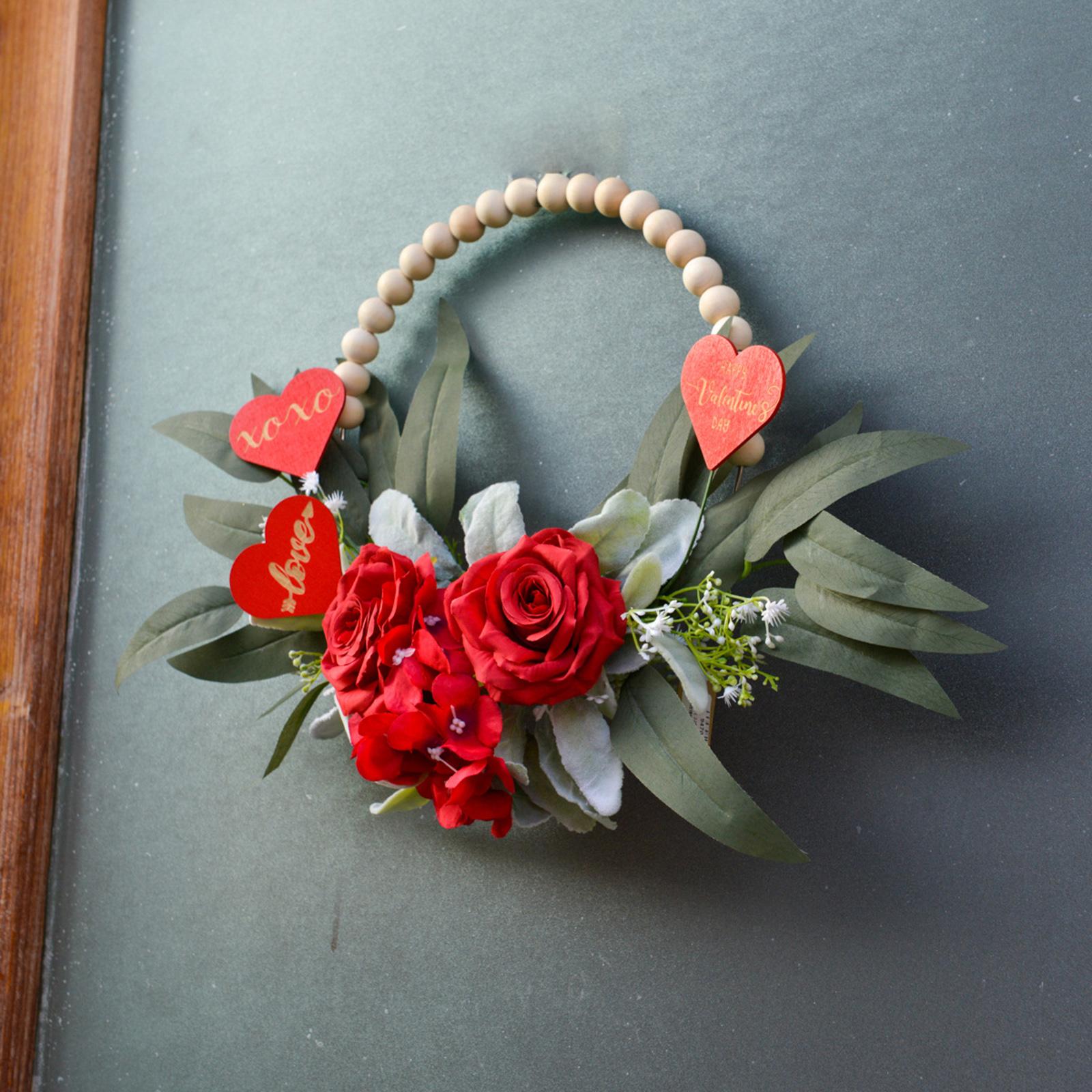 Wood Bead Floral Wreath Front Door Floral Hoop for Wedding Farmhouse Holiday Red