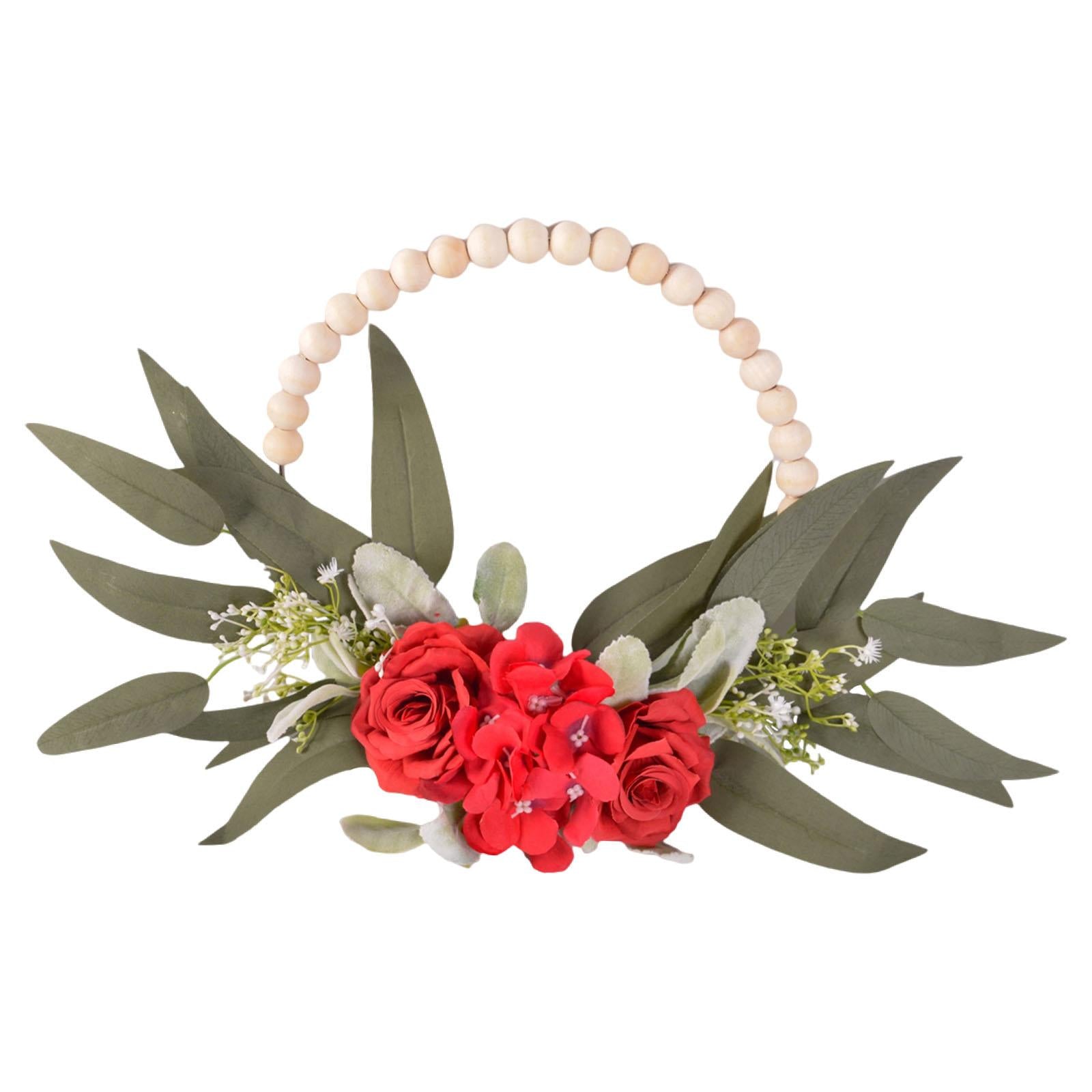 Wood Bead Floral Wreath Front Door Floral Hoop for Wedding Farmhouse Holiday Red