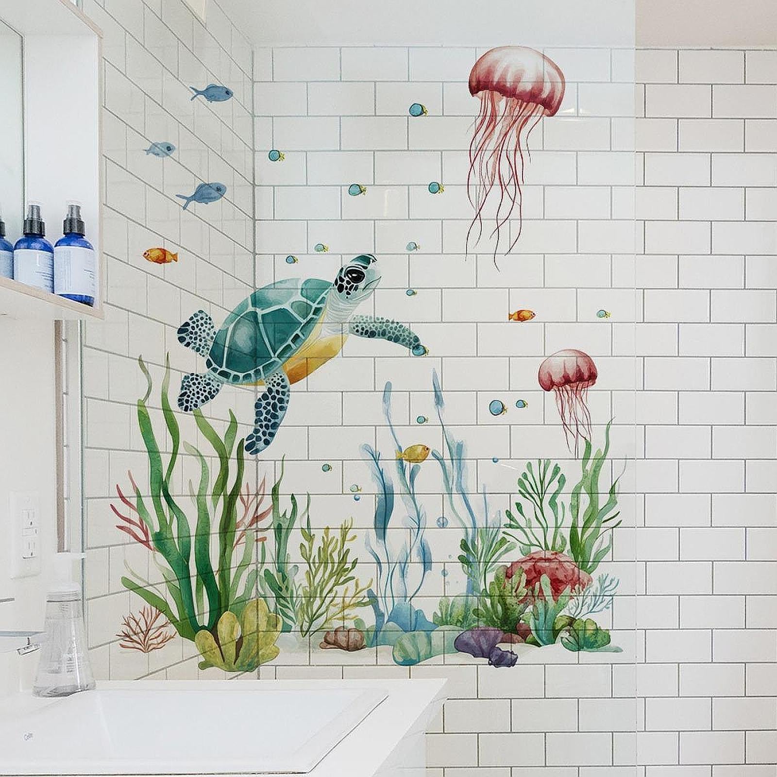 2Pcs Sea Seaweed Turtle Wall Decals Marine Animal Wall Decals for Bathroom