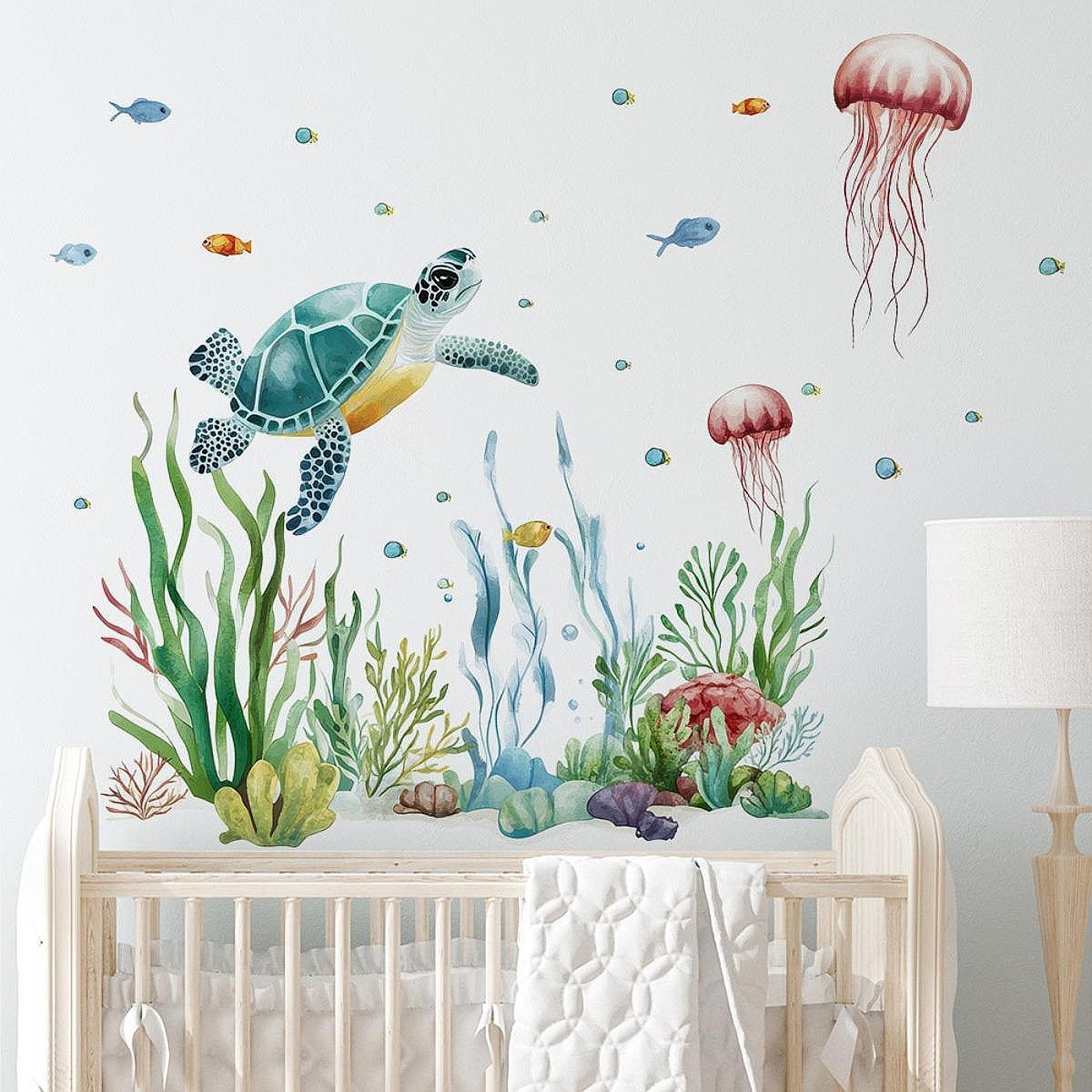 2Pcs Sea Seaweed Turtle Wall Decals Marine Animal Wall Decals for Bathroom