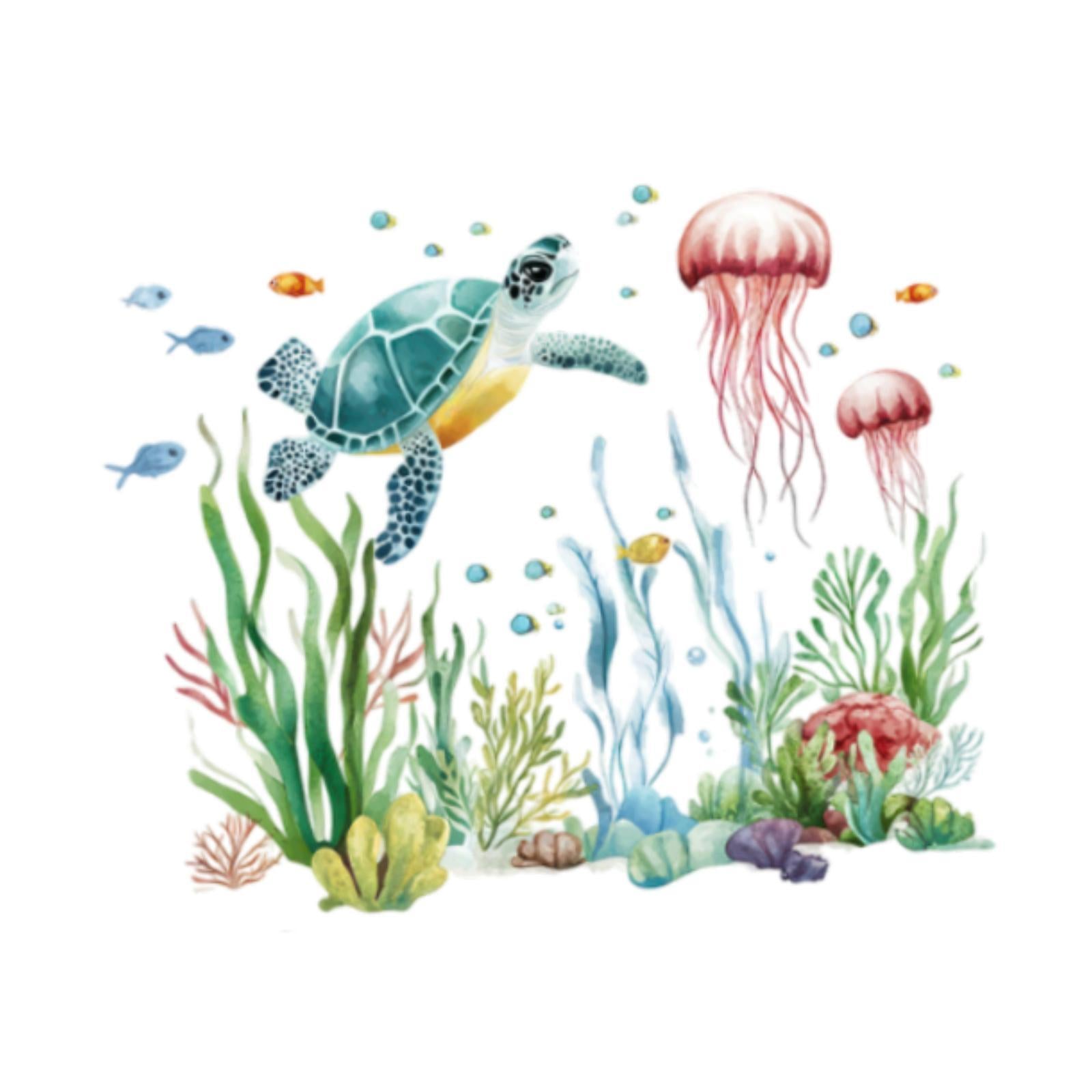 2Pcs Sea Seaweed Turtle Wall Decals Marine Animal Wall Decals for Bathroom