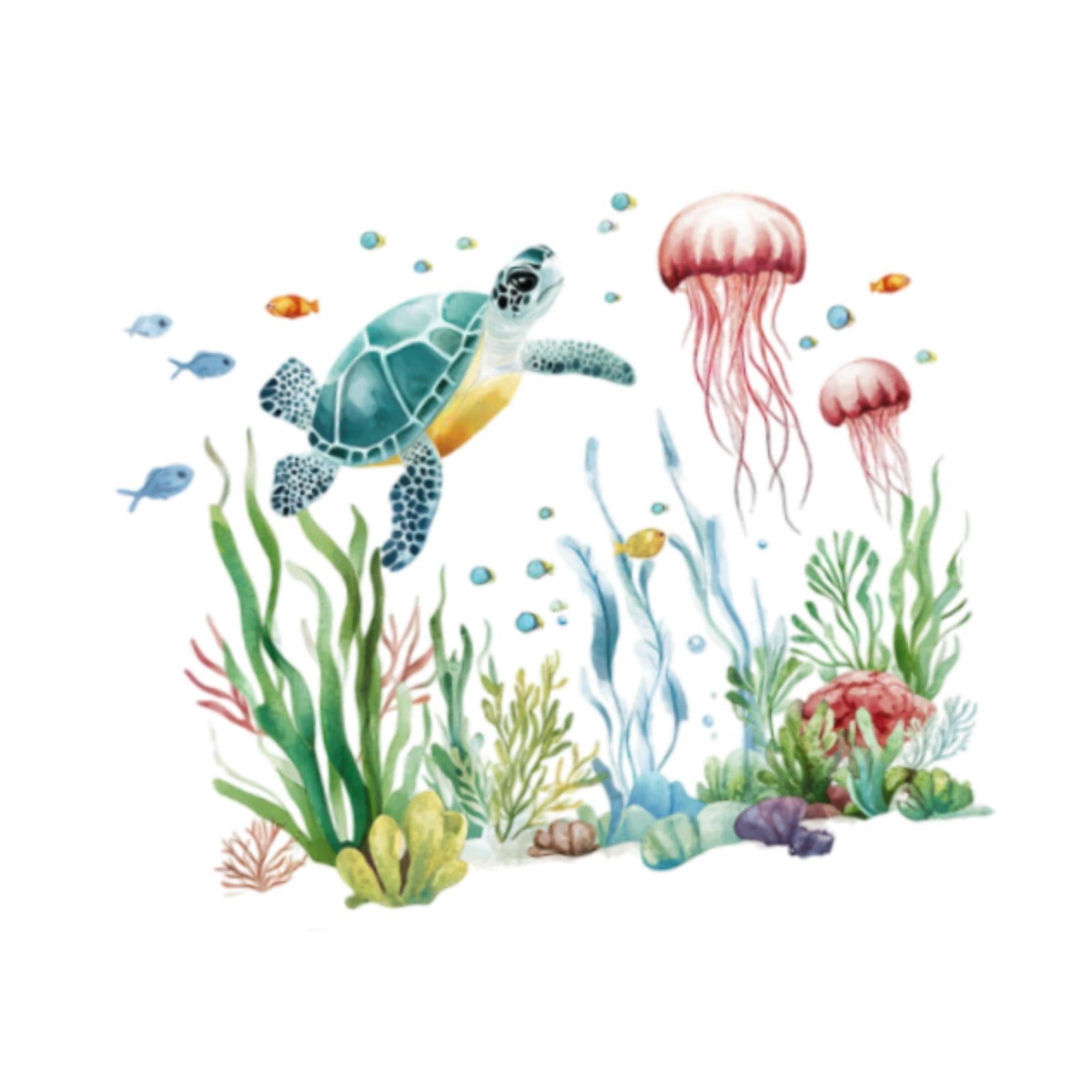2Pcs Sea Seaweed Turtle Wall Decals Marine Animal Wall Decals for Bathroom