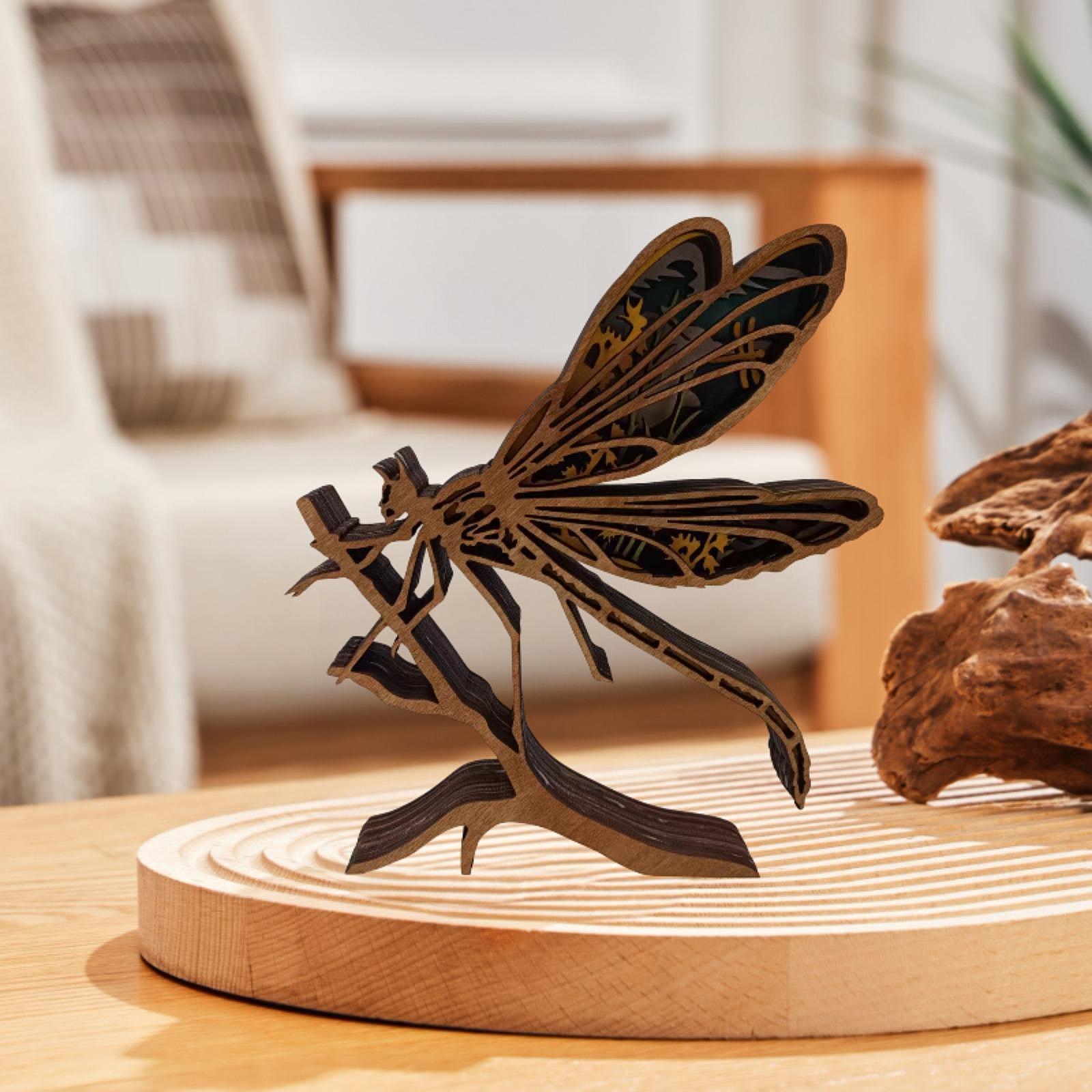 3D Wooden Animals Carving DIY Dragonfly Ornament for Festival Farmhouse Home