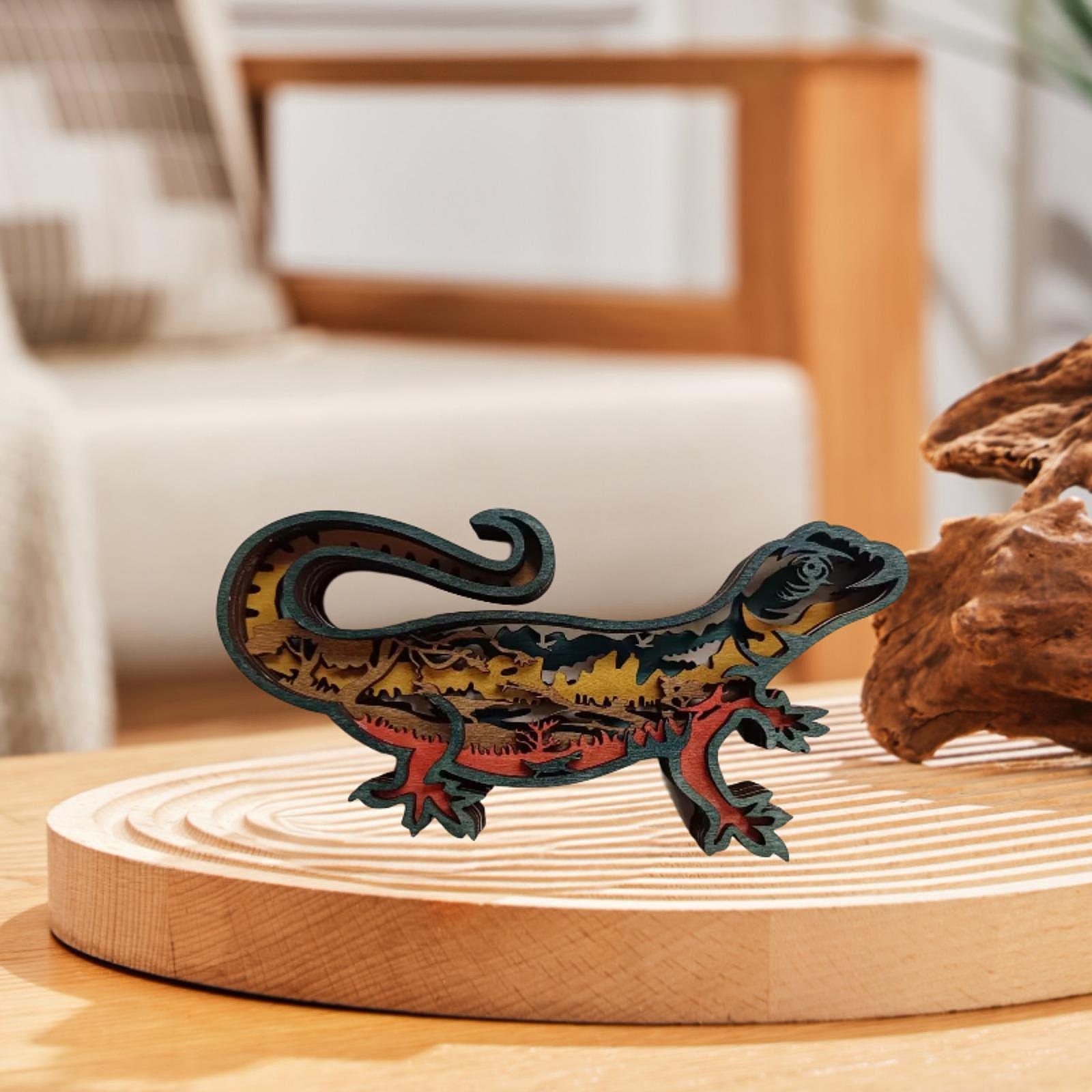 3D Wooden Animals Carving Lizard Statue for Home Housewarming Birthday Gifts