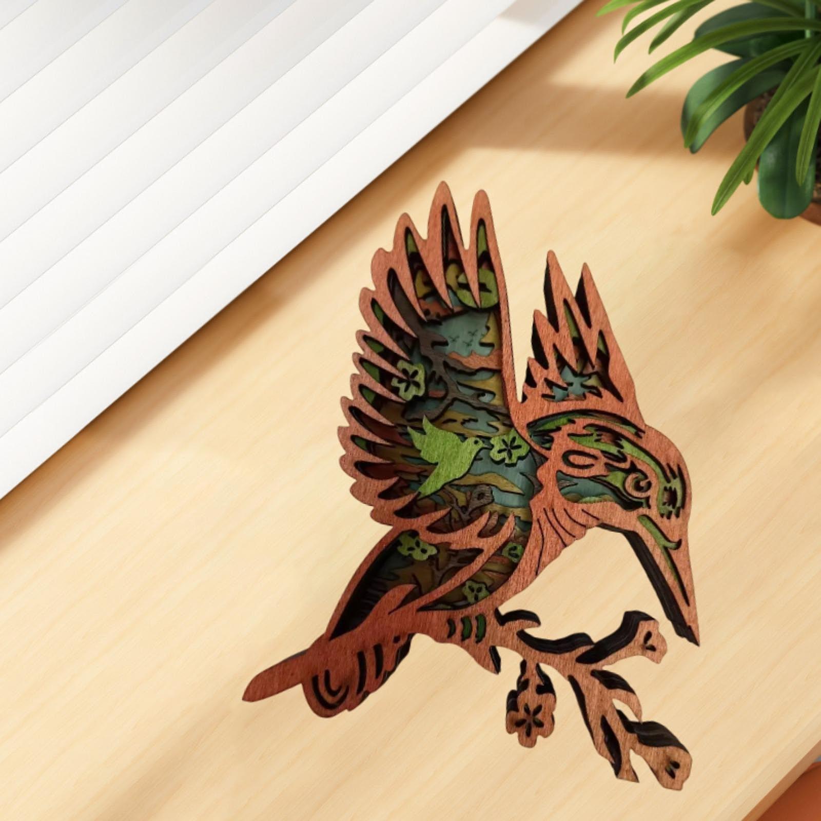 3D Carving Figurine Wooden Hummingbird Statue for Bookshelf Living Room Home