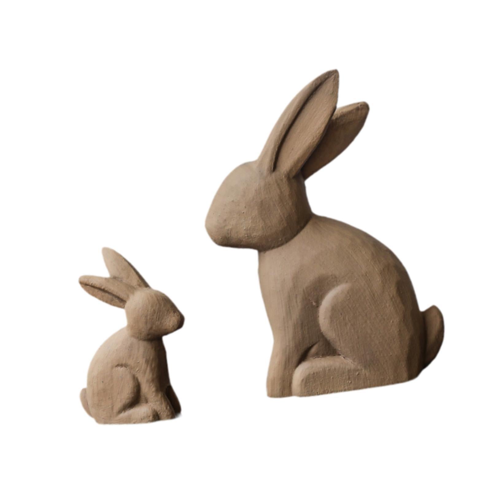 2x Easter Bunny Statues Crafts Gift Wood Ornament for Hallway Desktop Indoor