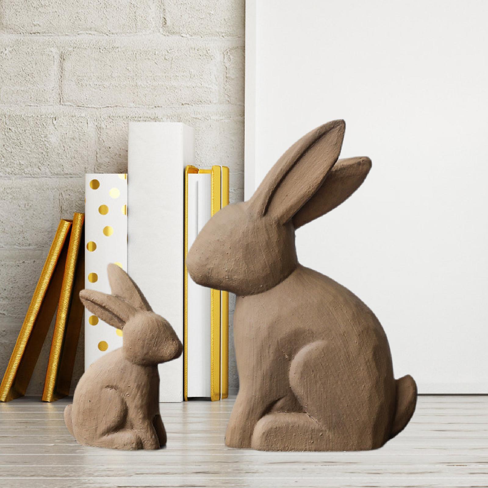 2x Easter Bunny Statues Crafts Gift Wood Ornament for Hallway Desktop Indoor