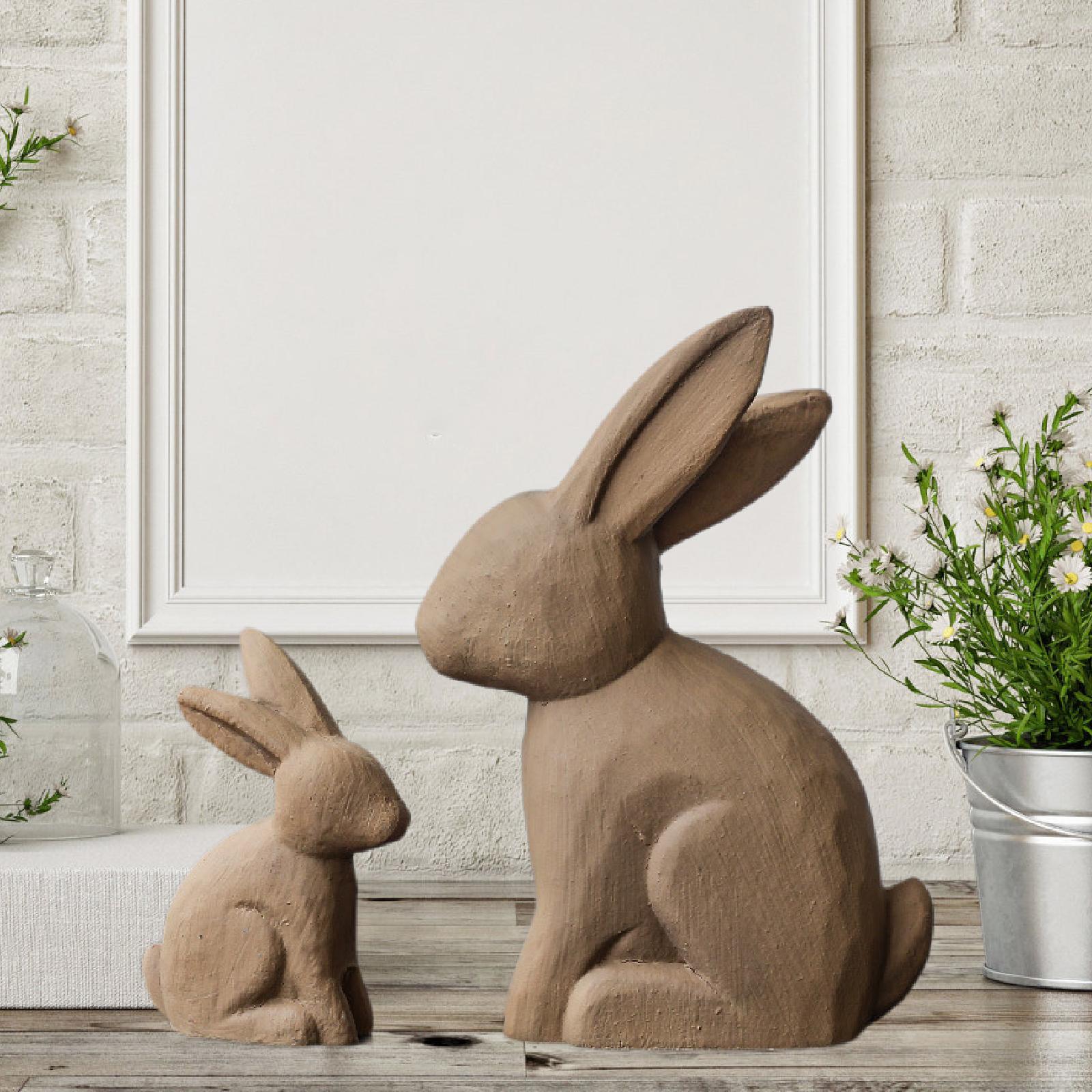 2x Easter Bunny Statues Crafts Gift Wood Ornament for Hallway Desktop Indoor