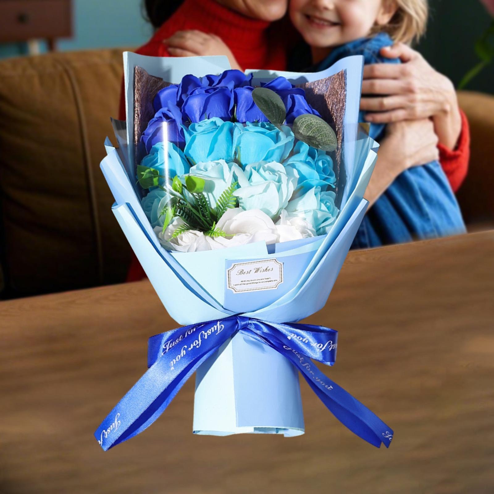 Valentine Soap Roses Bouquet Engagement Flower Arrangements for Wife Her Him Blue