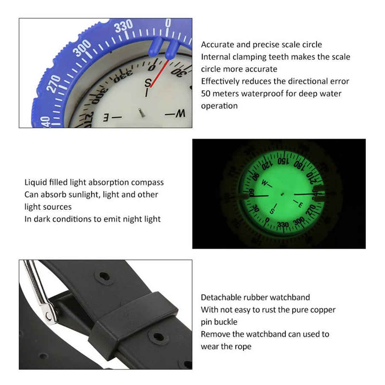Scuba Dive Underwater Wrist Compass Gauge Max Depth 50m Waterproof Gray