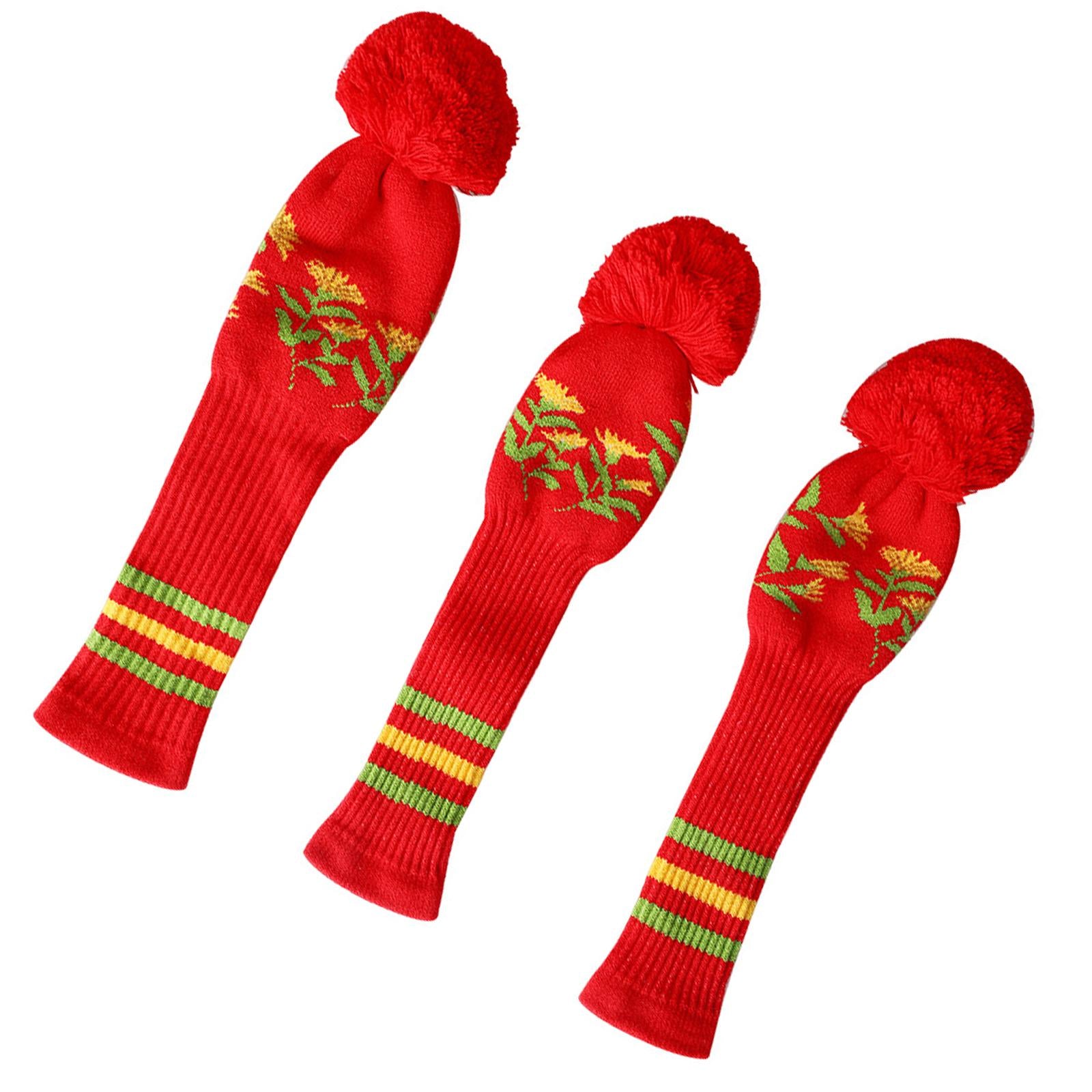 3Pcs Knitted Golf Club Head Covers Pom Pom Golf Headcovers for Adults Golfer Red