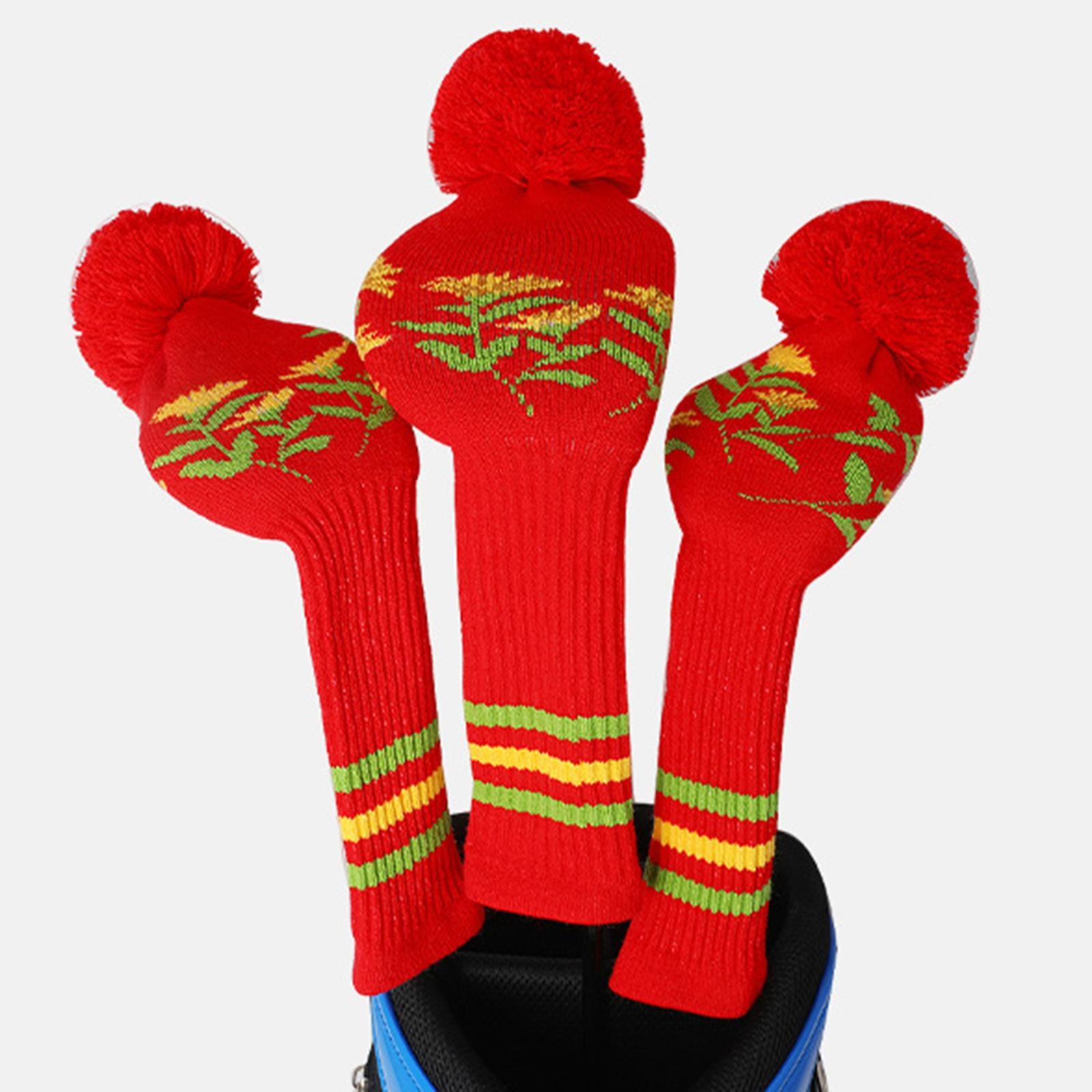 3Pcs Knitted Golf Club Head Covers Pom Pom Golf Headcovers for Adults Golfer Red