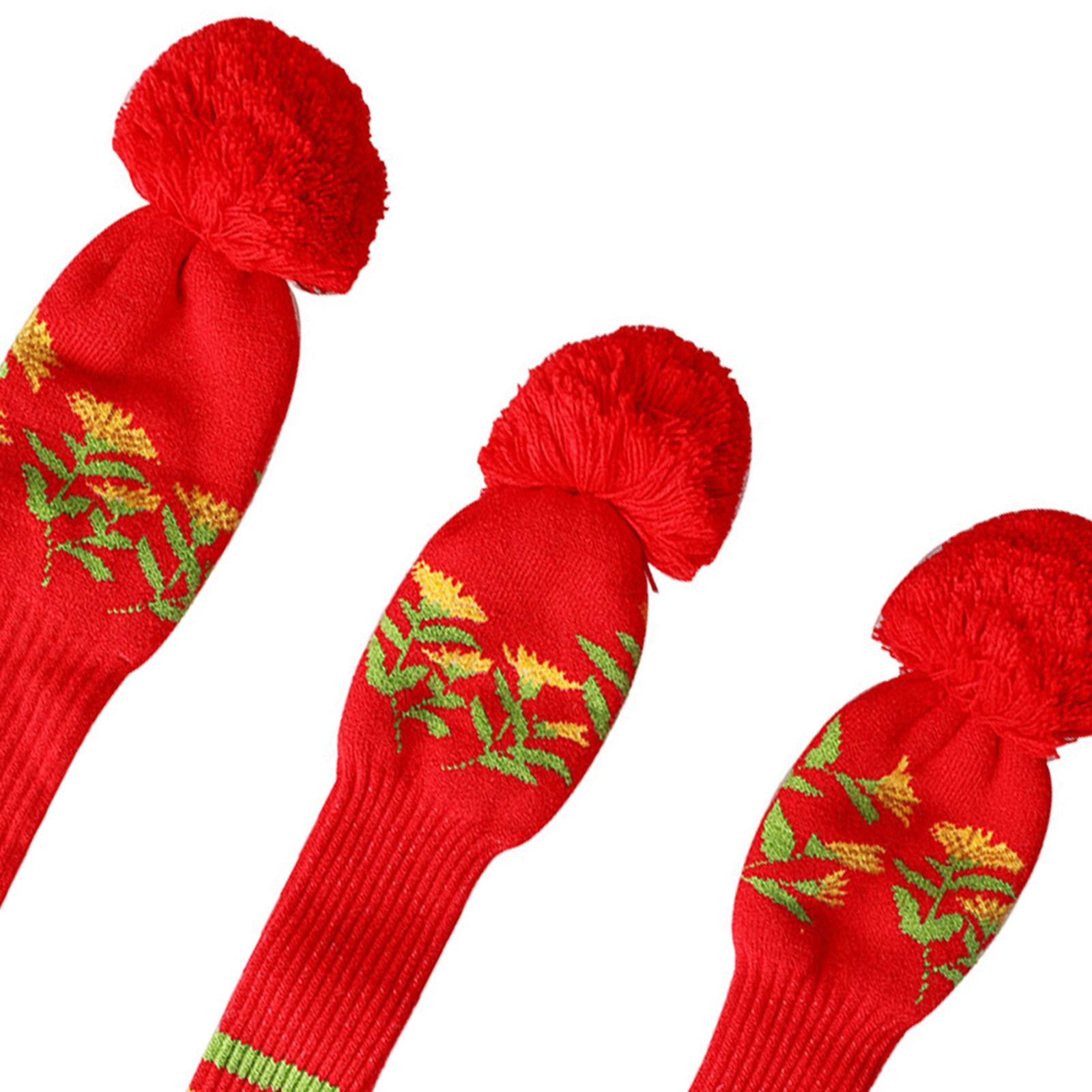 3Pcs Knitted Golf Club Head Covers Pom Pom Golf Headcovers for Adults Golfer Red