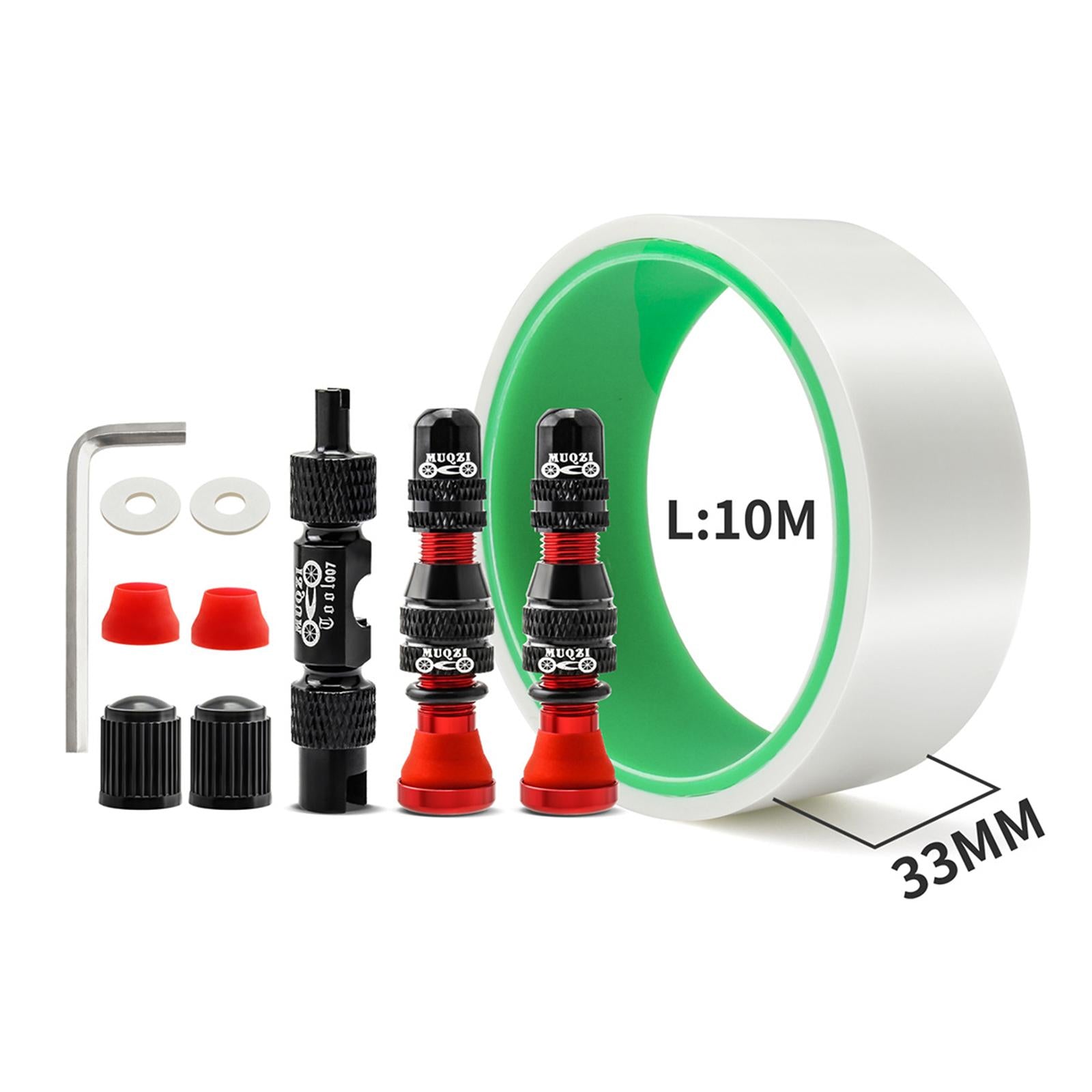 Aluminum Alloy Bike Tubeless Tire Valve Stem with Valve Caps Vacuum Tire Pad Rim Tape 33mm Red