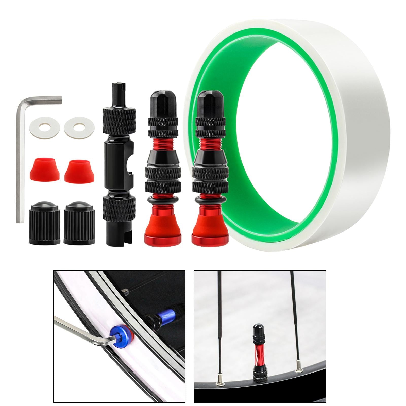Tubeless Tire Valve Stem with Valve Stem Caps Premium Tubeless Tire Tape Rim Tape 27mm Red