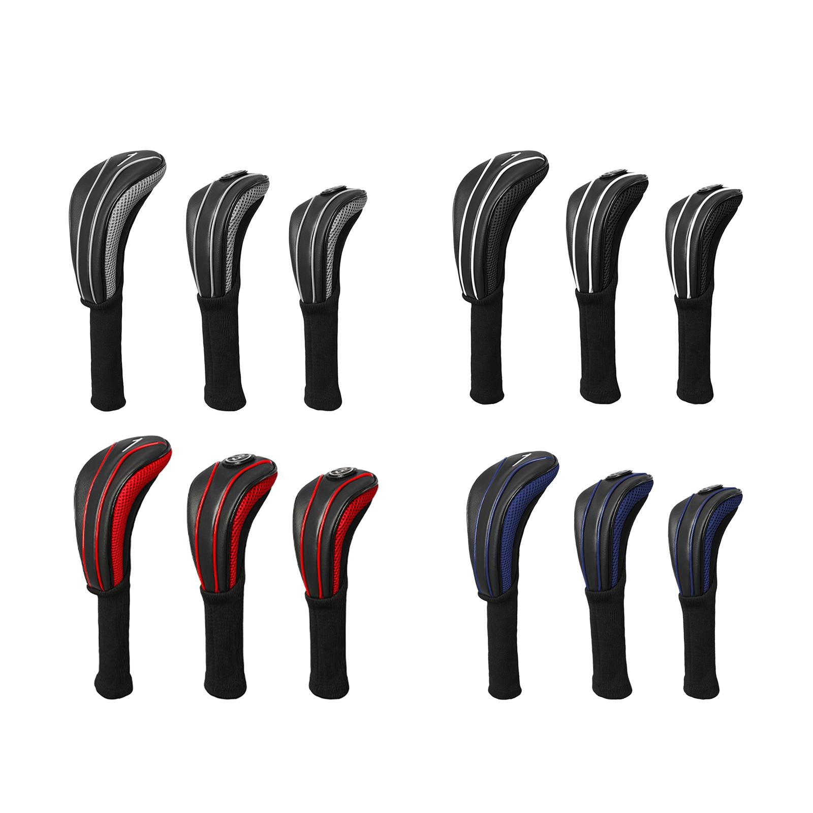 3Pcs Golf Wood Headcovers Set Lightweight PU Golf Head Covers for Golf Clubs Black Red