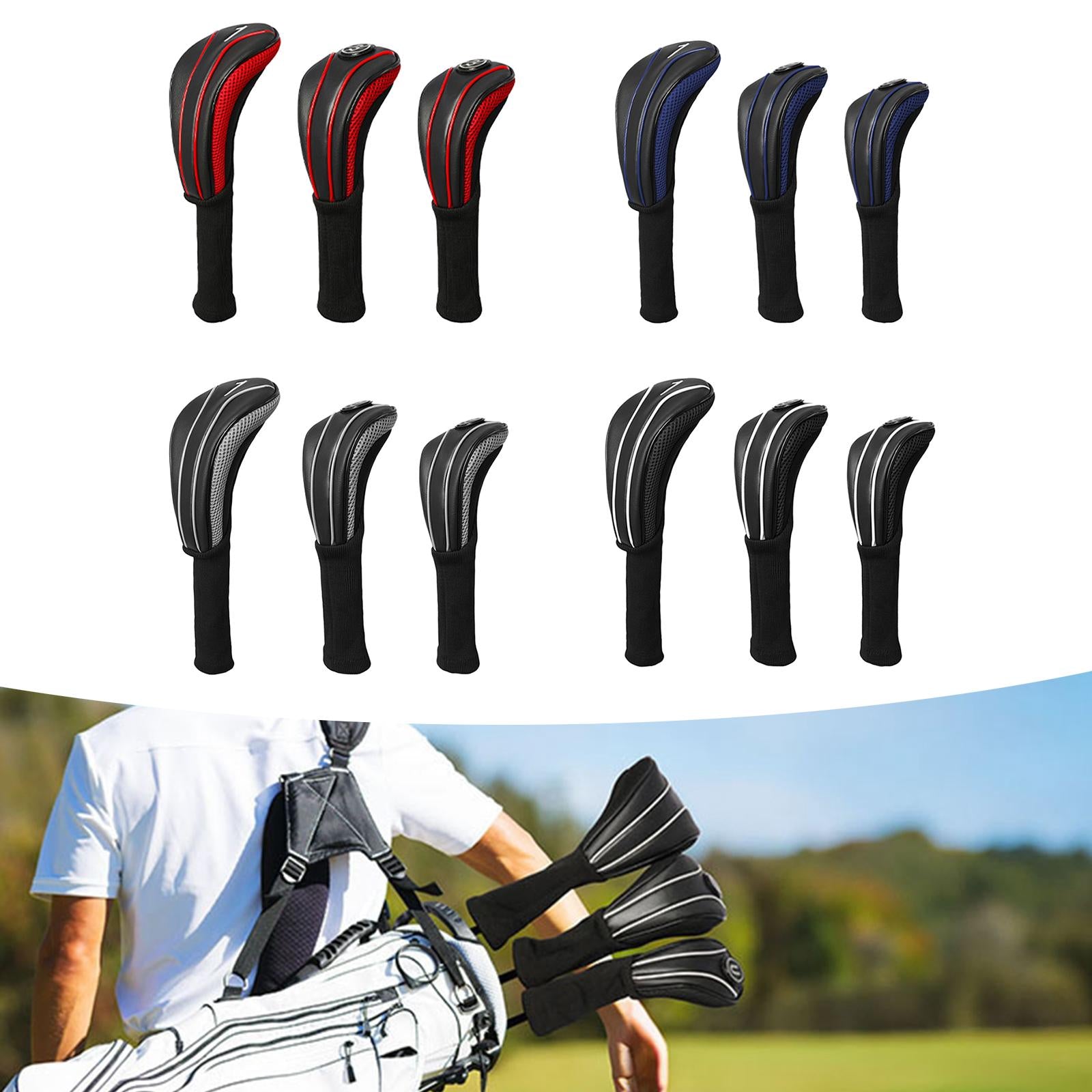 3Pcs Golf Wood Headcovers Set Lightweight PU Golf Head Covers for Golf Clubs Black Red