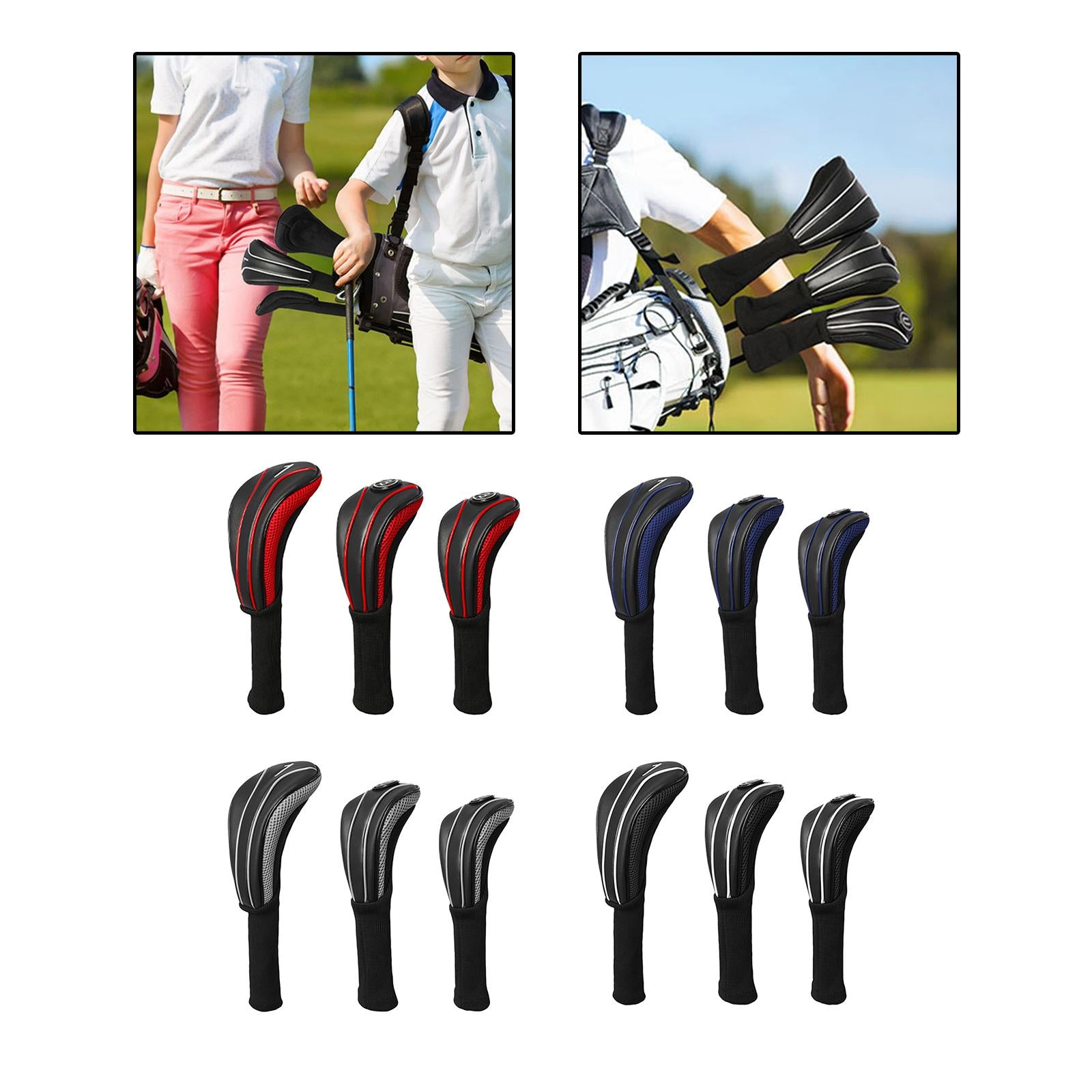 3Pcs Golf Wood Headcovers Set Lightweight PU Golf Head Covers for Golf Clubs Black Red