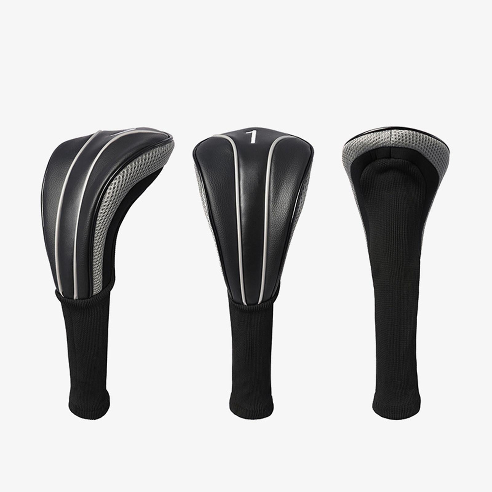 3Pcs Golf Wood Headcovers Set Lightweight PU Golf Head Covers for Golf Clubs Black Silver