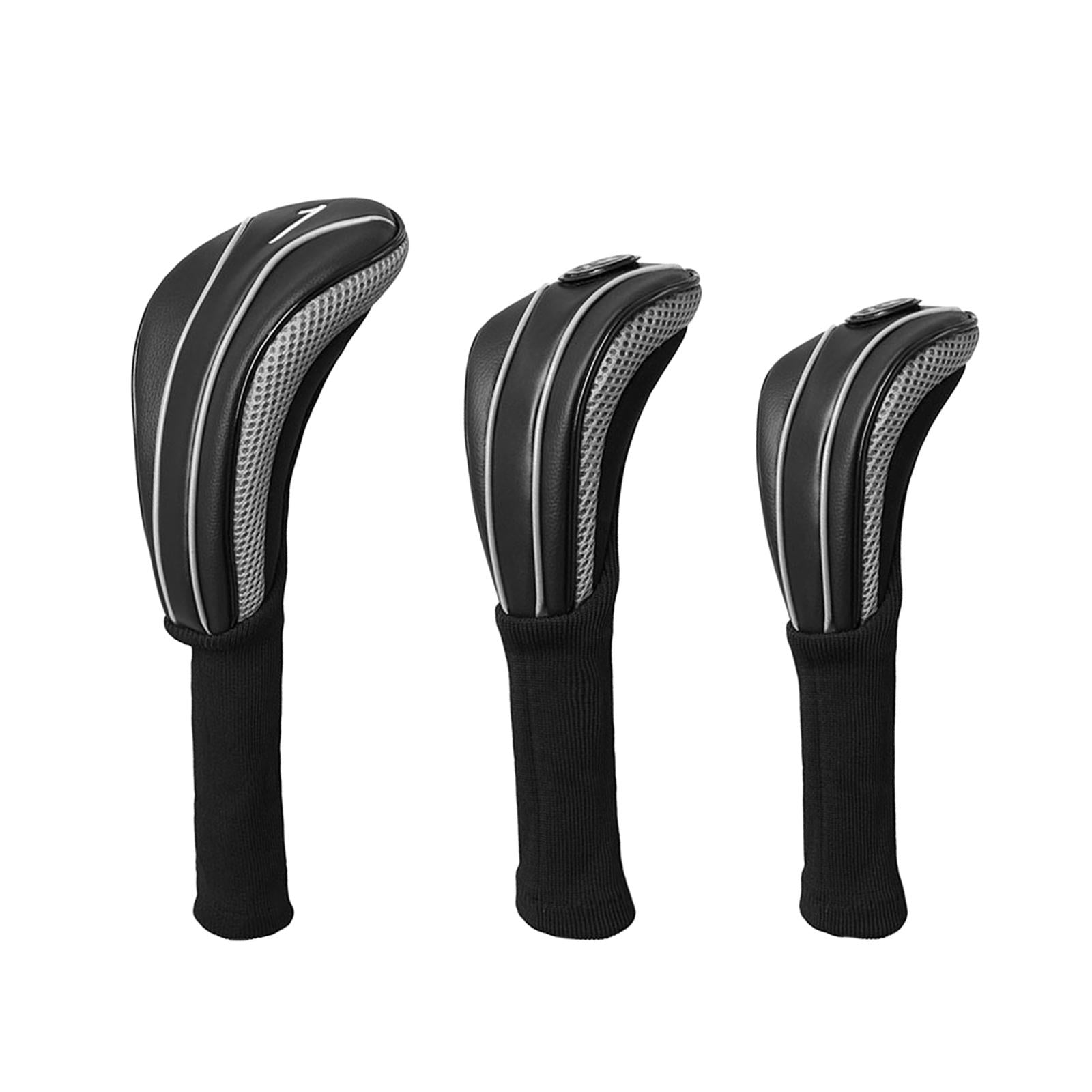 3Pcs Golf Wood Headcovers Set Lightweight PU Golf Head Covers for Golf Clubs Black Silver