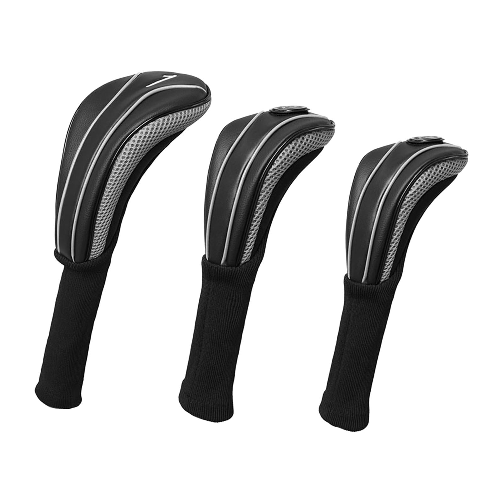 3Pcs Golf Wood Headcovers Set Lightweight PU Golf Head Covers for Golf Clubs Black Silver