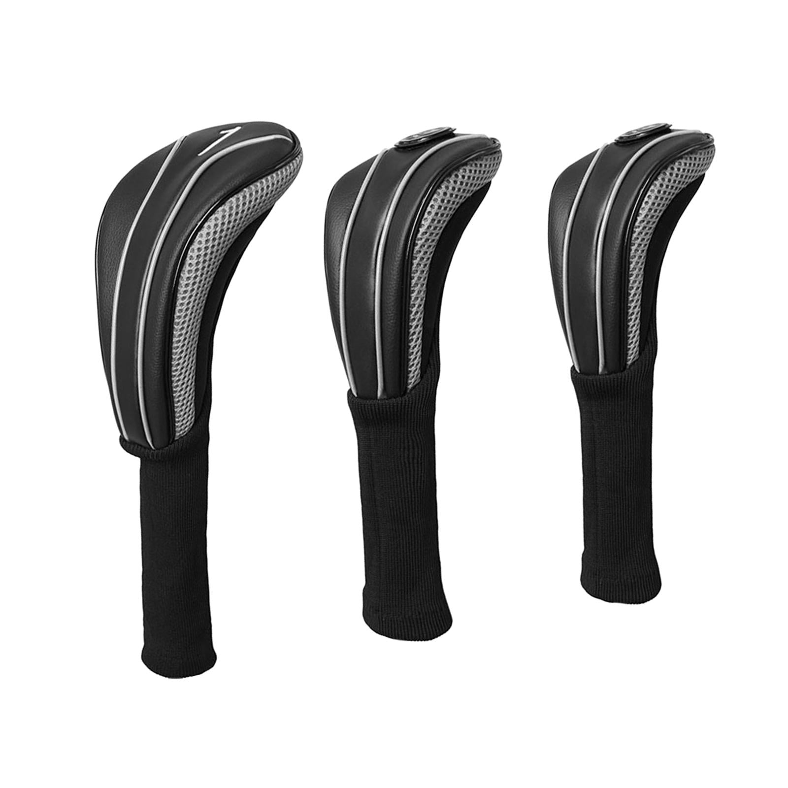 3Pcs Golf Wood Headcovers Set Lightweight PU Golf Head Covers for Golf Clubs Black Silver