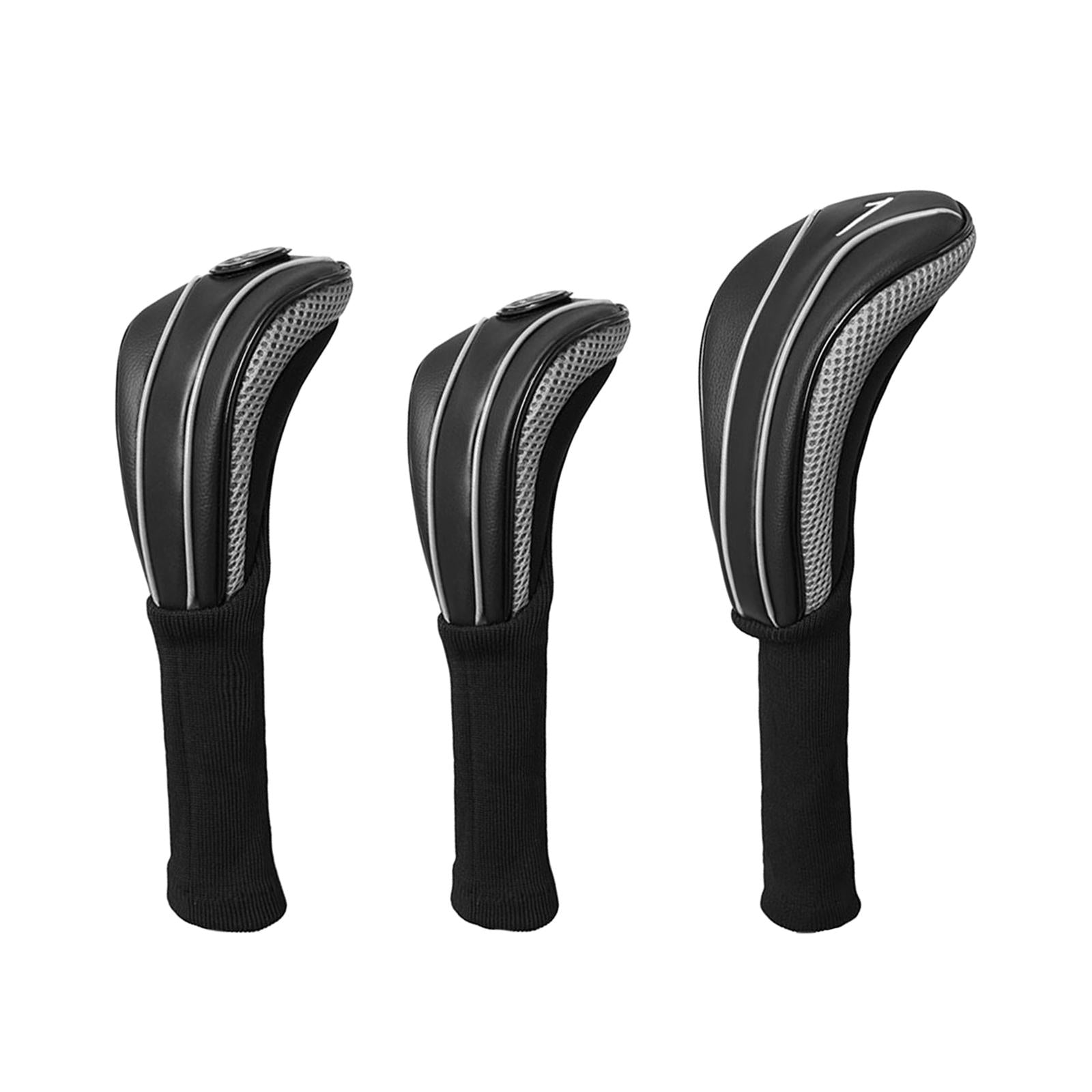 3Pcs Golf Wood Headcovers Set Lightweight PU Golf Head Covers for Golf Clubs Black Silver