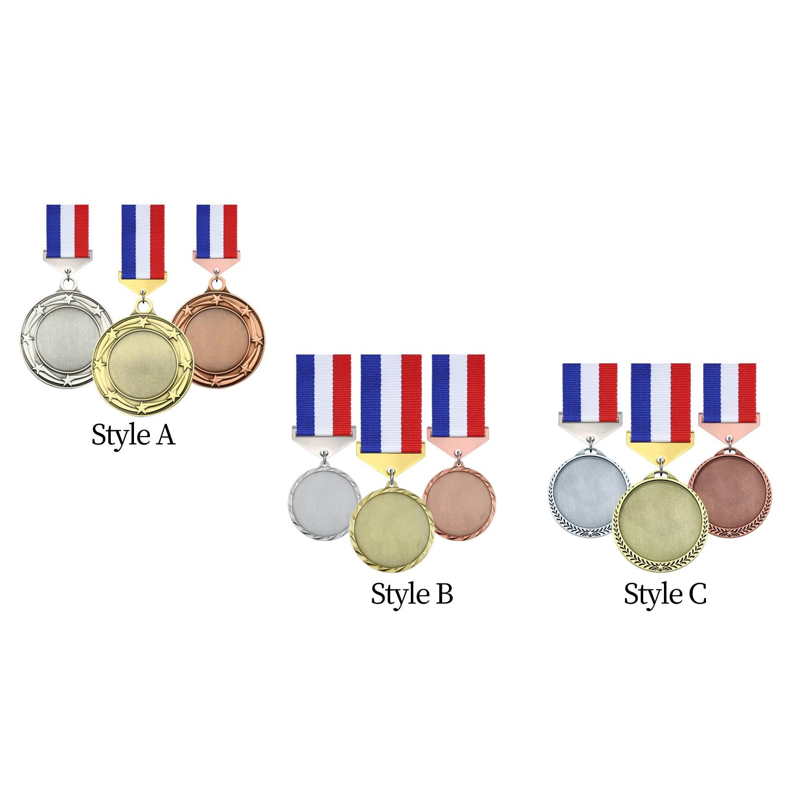 3x Metal Medals Zinc Alloy Blank Medals with Ribbons for Competition Style A