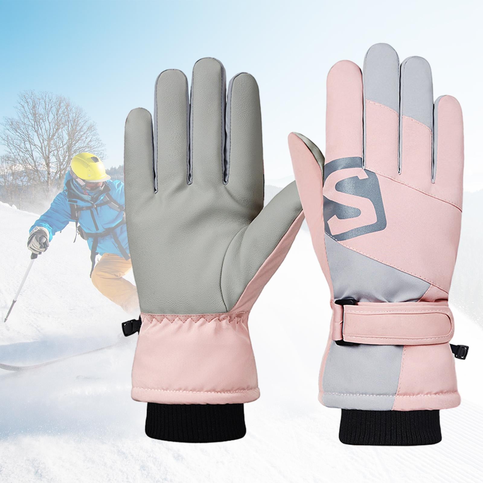 Winter Ski Gloves Touchscreen Windproof Snow Gloves for Skating Snow Outdoor Pink Gray