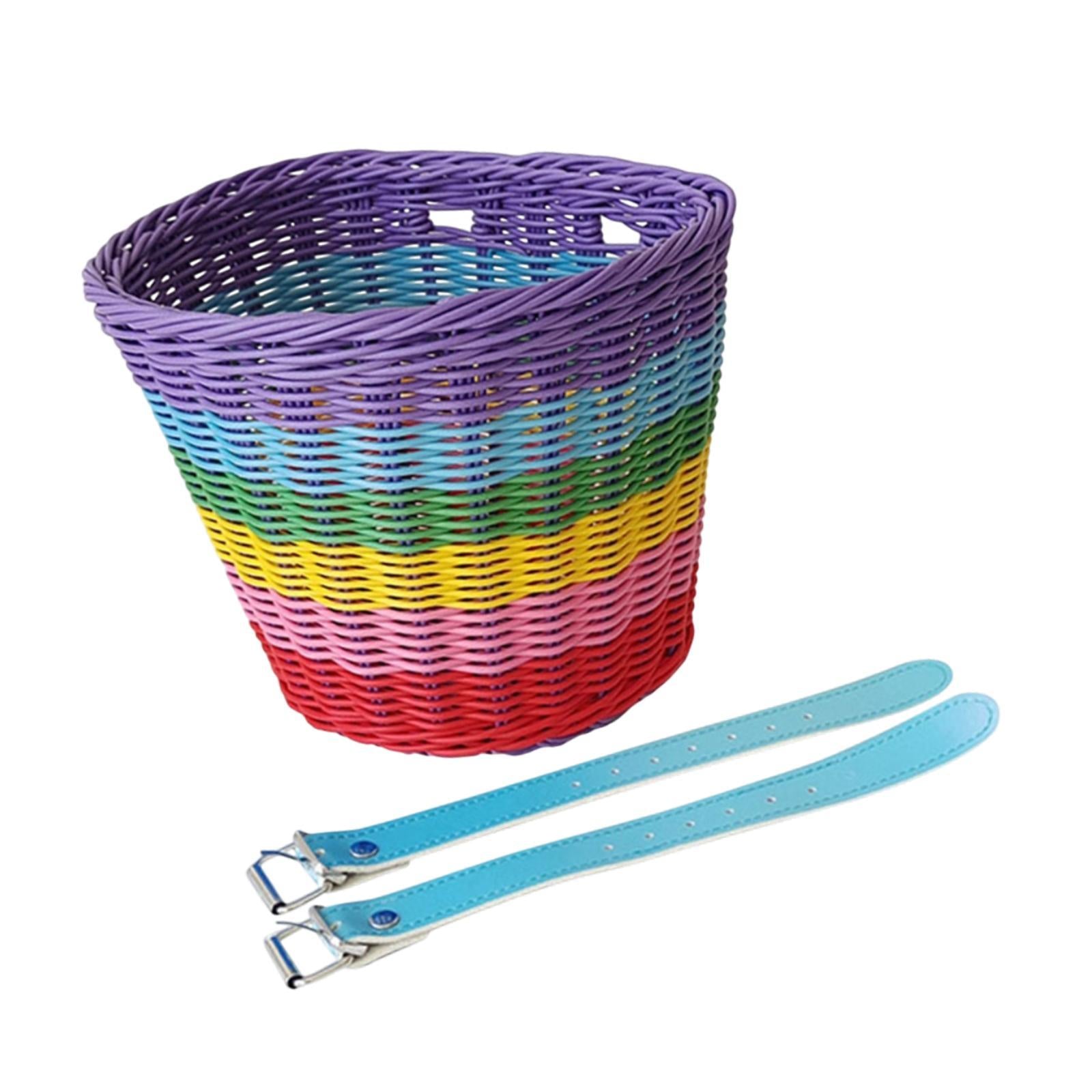 Kids Bike Basket Front Tricycle Picnic Multi Purpose Imitation Rattan Basket Blue Straps
