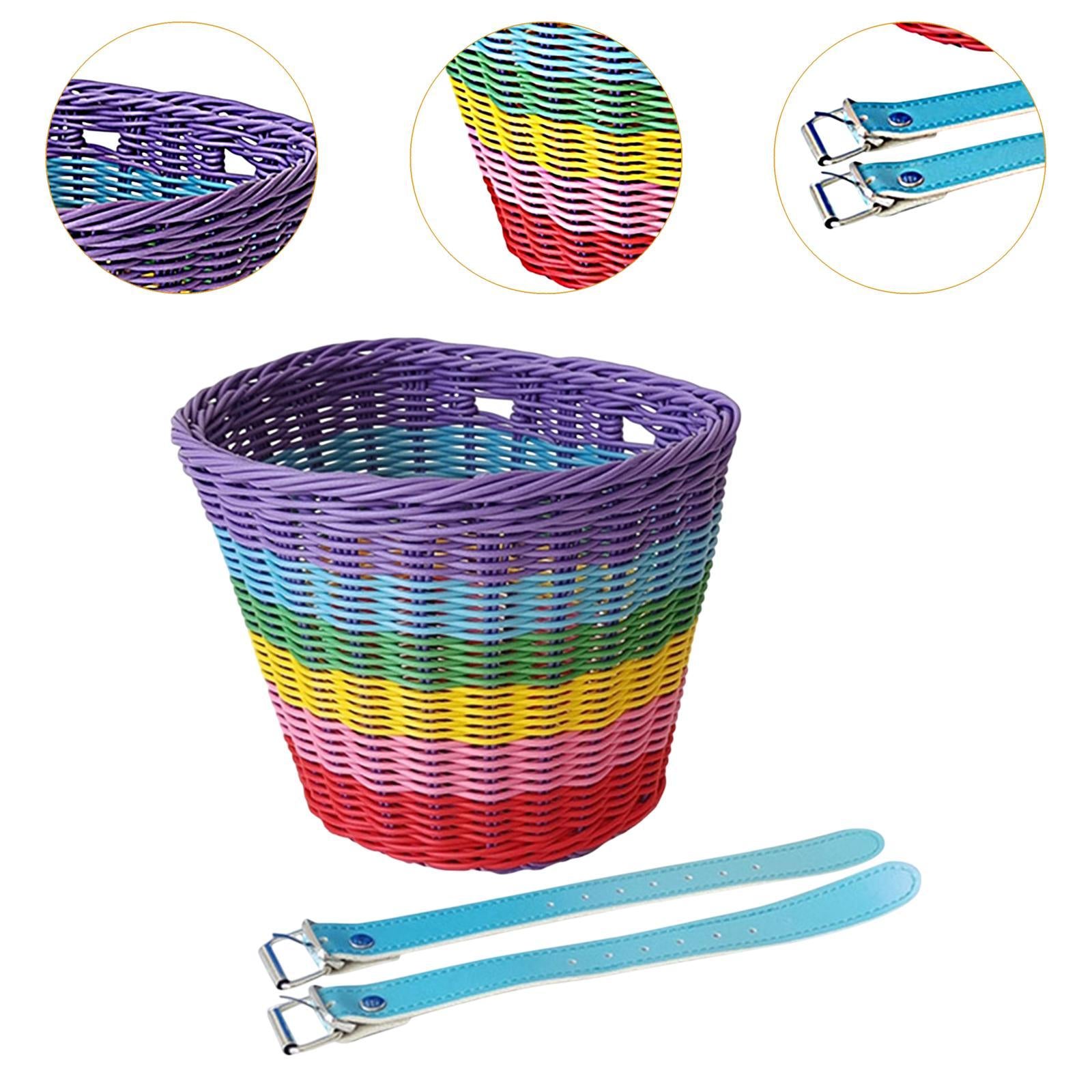 Kids Bike Basket Front Tricycle Picnic Multi Purpose Imitation Rattan Basket Blue Straps