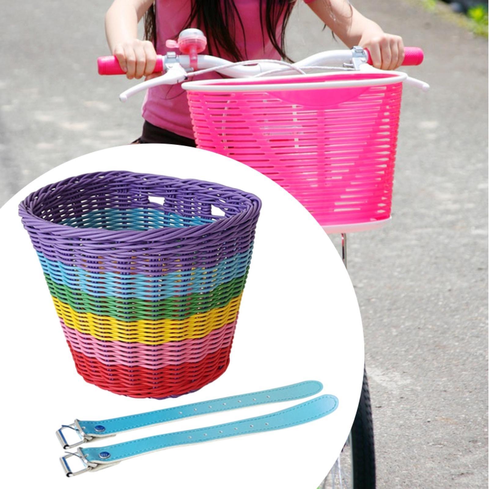 Kids Bike Basket Front Tricycle Picnic Multi Purpose Imitation Rattan Basket Blue Straps