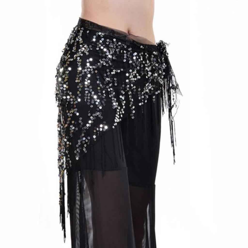 Lady's Belly Dance Sequins Triangle Hip Scarf With Tassel Black Silver