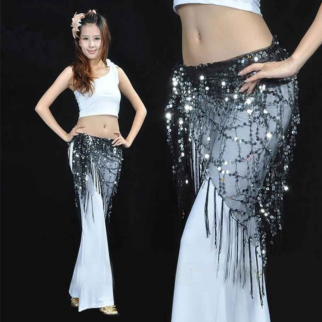 Lady's Belly Dance Sequins Triangle Hip Scarf With Tassel Black Silver