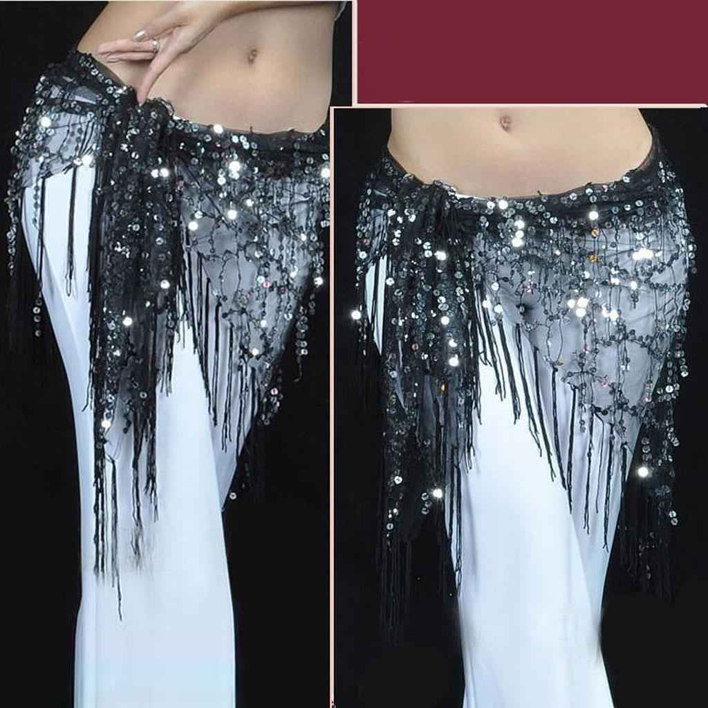 Lady's Belly Dance Sequins Triangle Hip Scarf With Tassel Black Silver